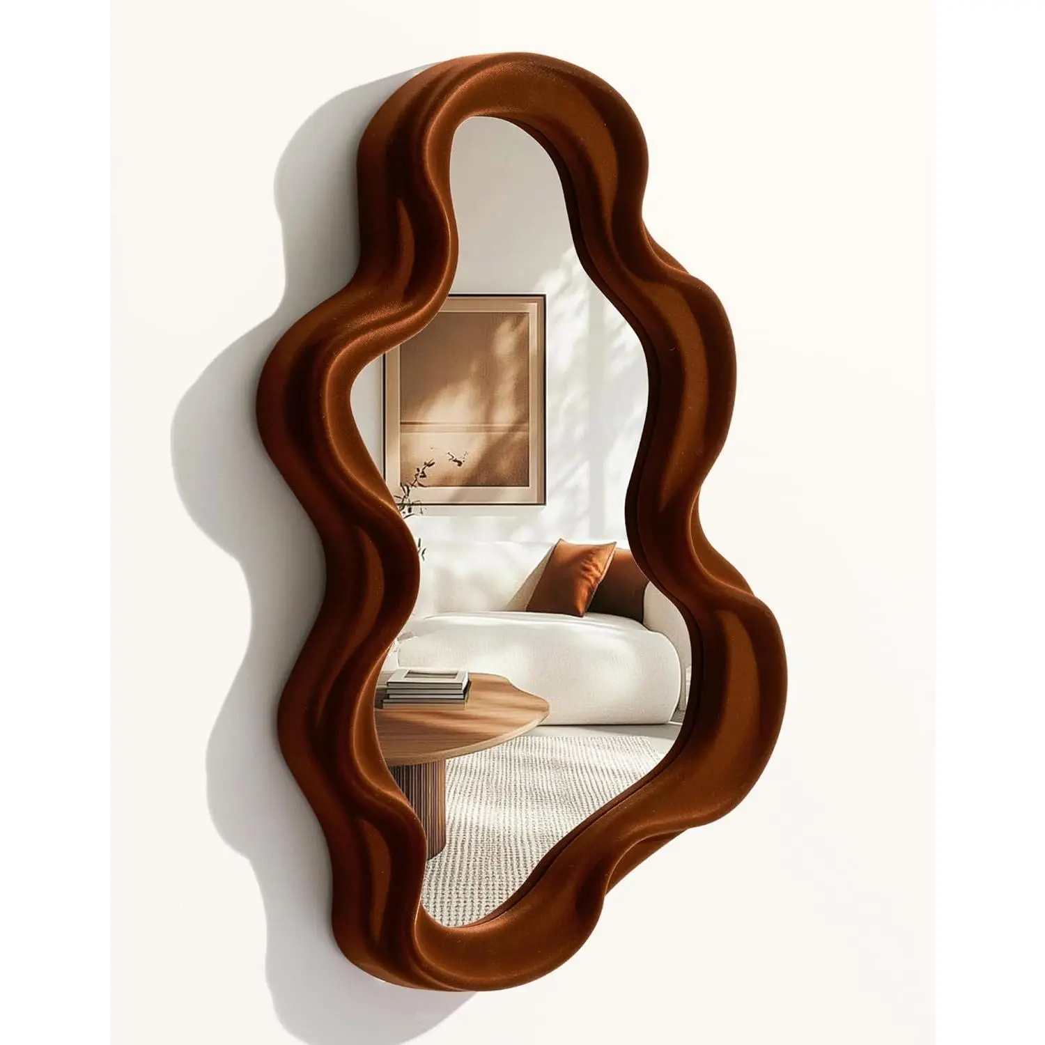 Maroon Retro Wavy Frame Mirror Wall Decor - 16x10", Soft Velvet-Like Touch, Mirror Surface Design, Small Wall-Mounted House Decor for Living Room Girl Bedroom, Decorative Tray Accent