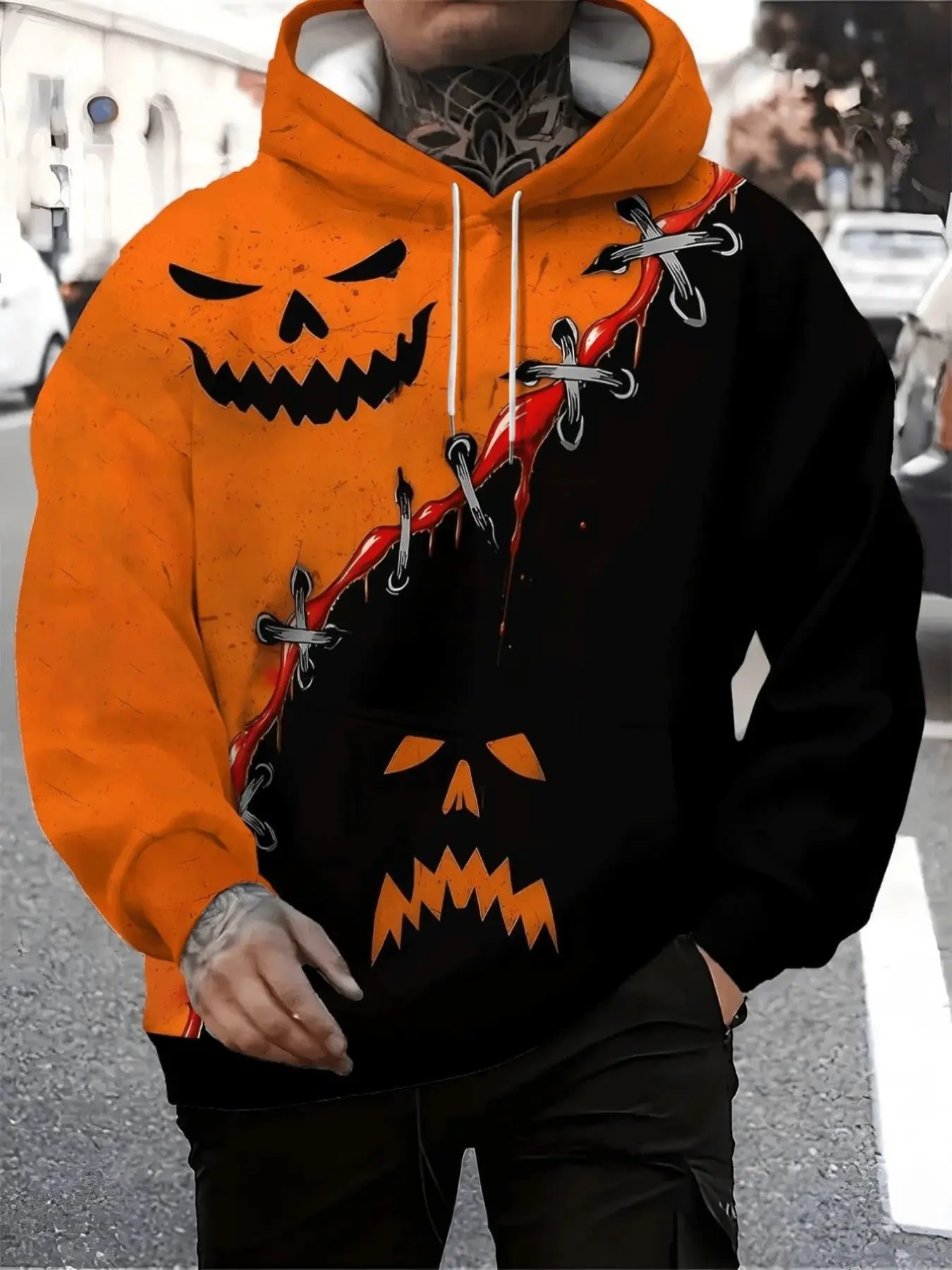 Unisex Halloween Party Hoodie With Double Pumpkin Grin Face Tear‑Stitch Print, Orange‑Black Color‑Block Splicing Horror‑Theme Casual Tops