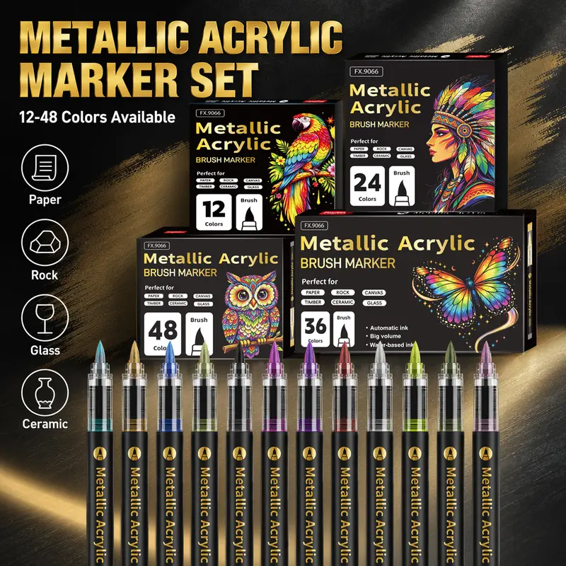 12/24/36/48 Colors Metallic Acrylic Brush Markers offer shimmering metallic shades, excellent opacity and stable ink output. The soft brush tip allows precise control for detailed lines and broad strokes, suitable for painting on paper, stone, glass.