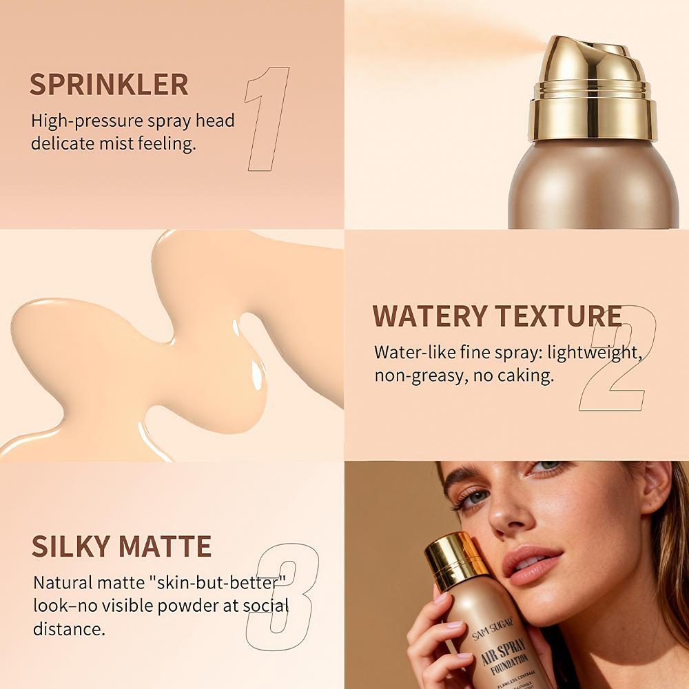 Sam Sugar Spray Foundation Liquid, Waterproof Skin-Friendly Long-Lasting Natural Lightweight Breathable Flawless Coverage Silky Smooth Matte Finish, Makeup Base