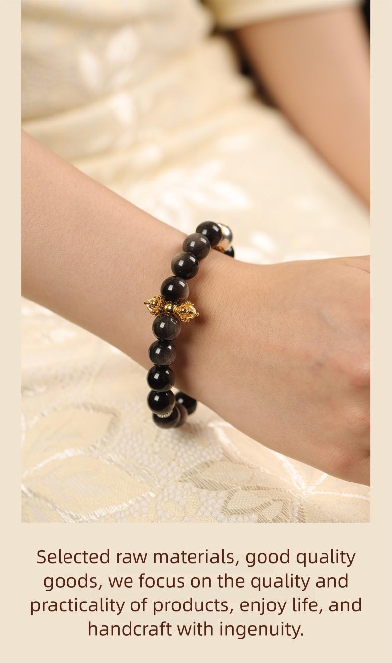 [Wealth Blessing] crystal bracelet, silver obsidian Tibetan silver sand gold, unisex, daily wear gift, 10mm beads natural stone, wealth blessing symbol