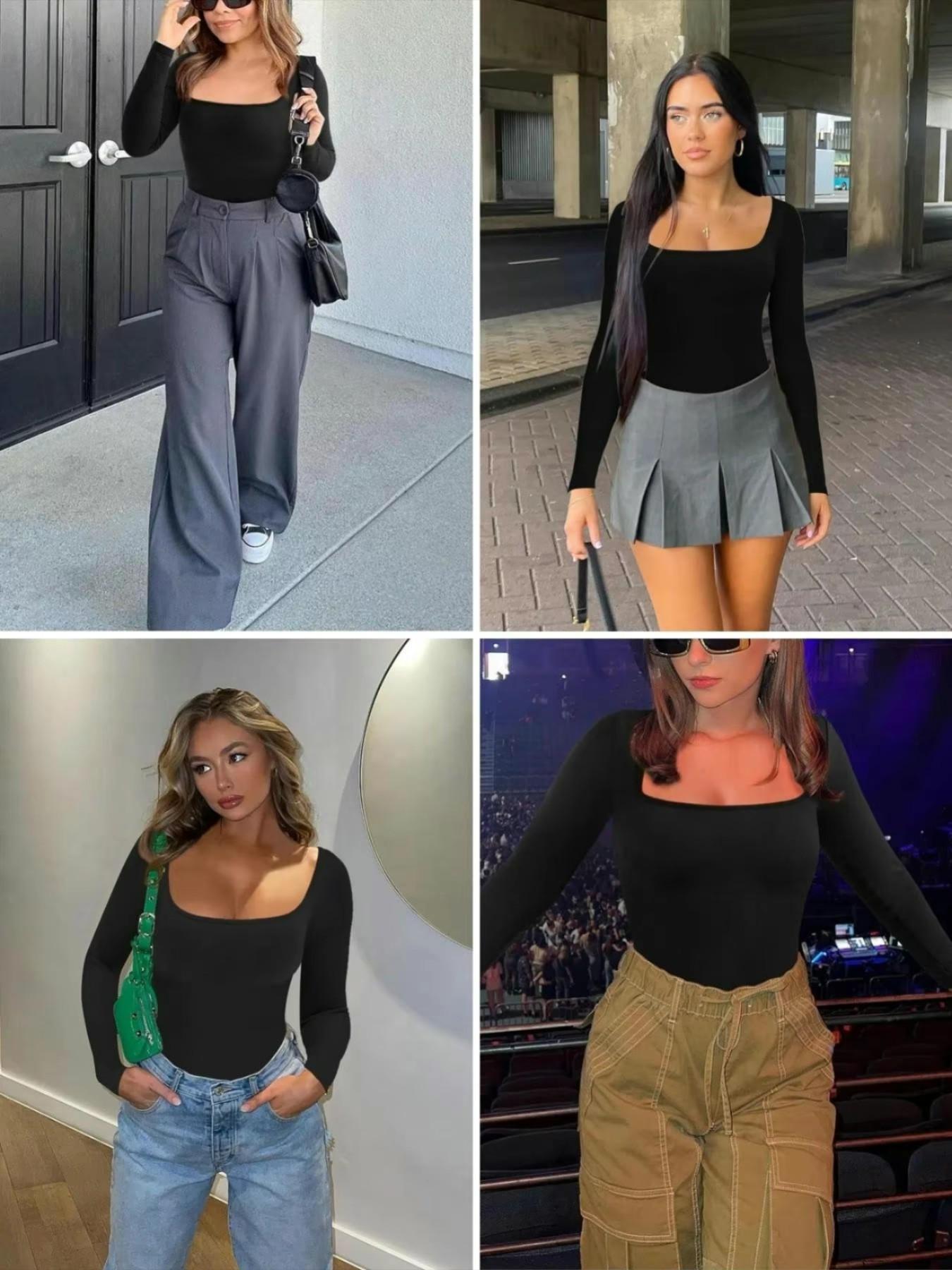 Women's solid knit long sleeve square neck shapewear bodysuit, slim fit, stretchy fabric, tummy control, Tummy Tuck Bodysuit, butt lifting design, comfortable breathable shaping wear, curve enhancer, perfect for daily casual, work, dates, parties