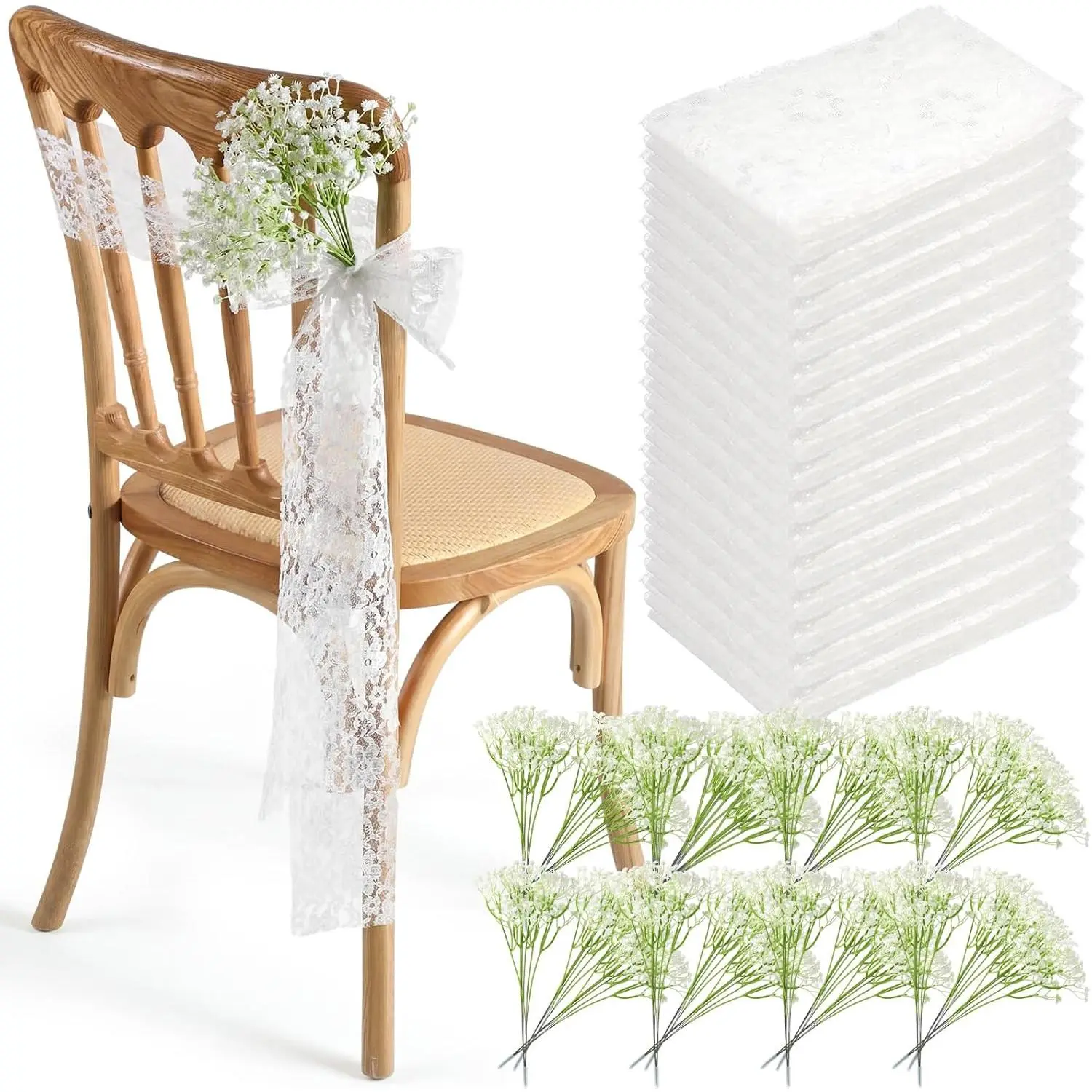 24 Sets White Lace Chair Sashes with Artificial Baby's Breath, 8.2ft Wedding Aisle Pew Decorations Chair Ribbons for Bridal Shower Banquet Decor