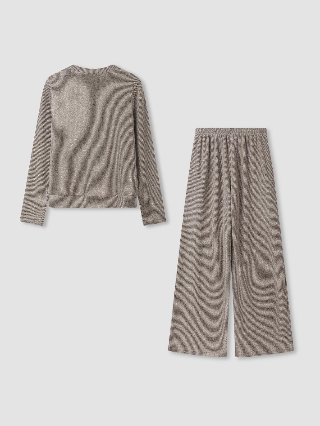 Women's Two-Piece Set, Comfortable Round Neck Long Sleeve Knit Sweater Set, High Waist Versatile Wide Leg Pants, Perfect for Daily Wear