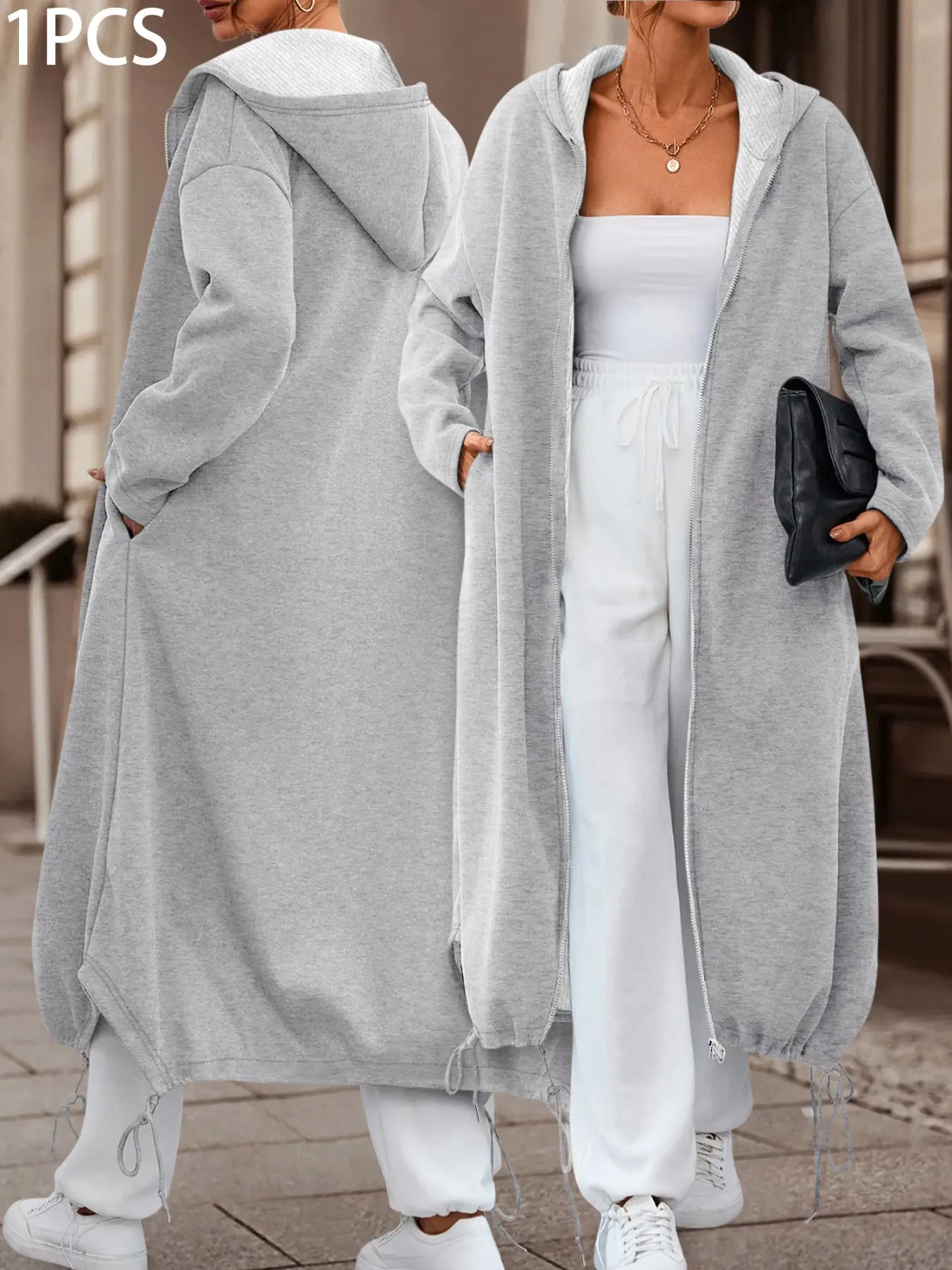 Plus Size Women's Ribbed Knit Hooded Long Jacket With Zipper And Pockets, Casual Drop Shoulder Design, Plus Size Outerwear, Suitable For AutumnWinter Wear