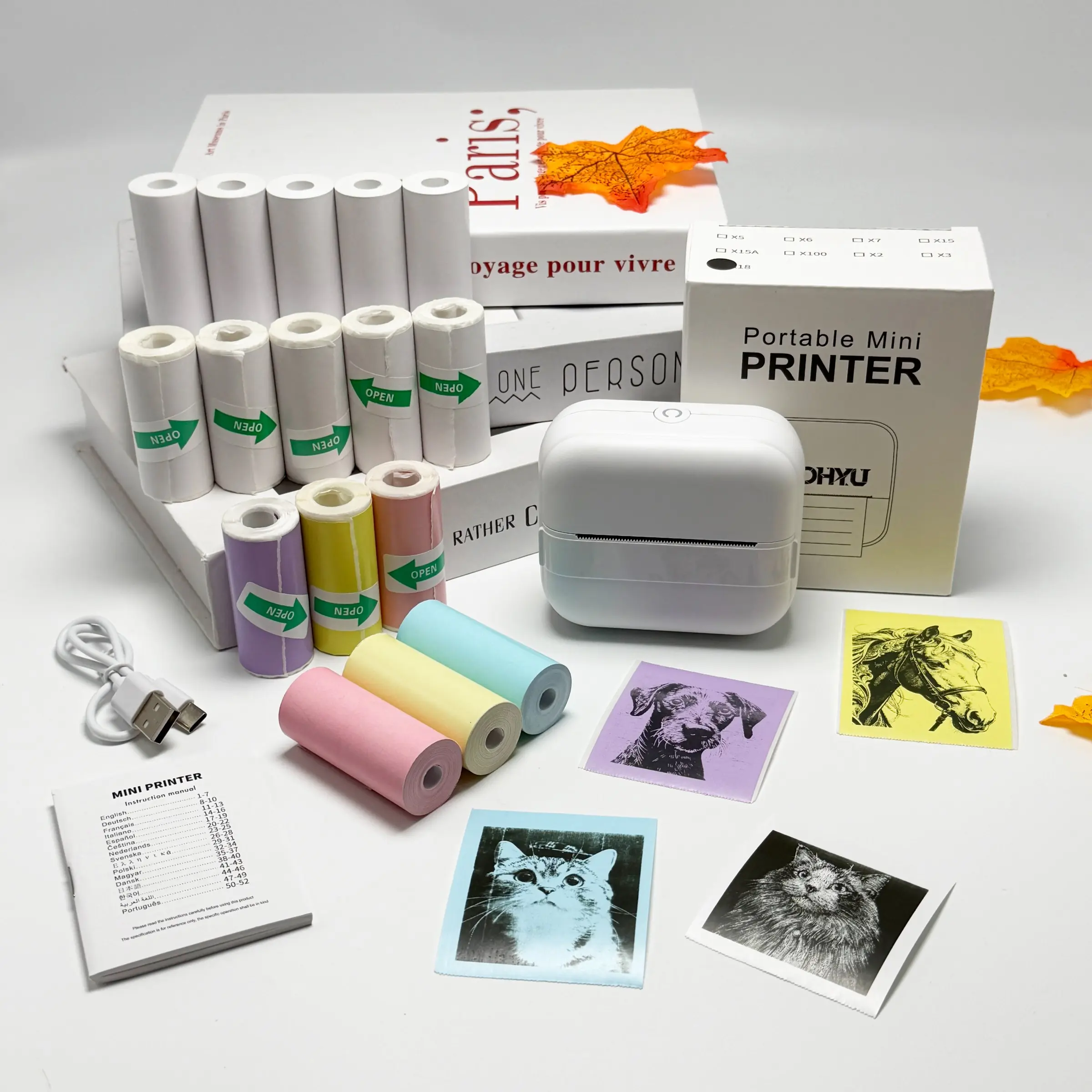 Portable Mini Thermal Printer Set with 16 Rolls Thermal Paper, Bluetooth Inkless Printer for Student Study Notes, Error Questions, Photos, Labels, Home Office Travel