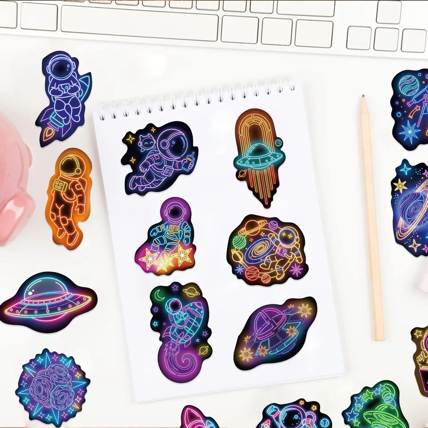 100 Neon Cartoon Astronaut Stickers, Waterproof DIY Decorations for Guitar Notebook Luggage, Fun and Creative Accessories