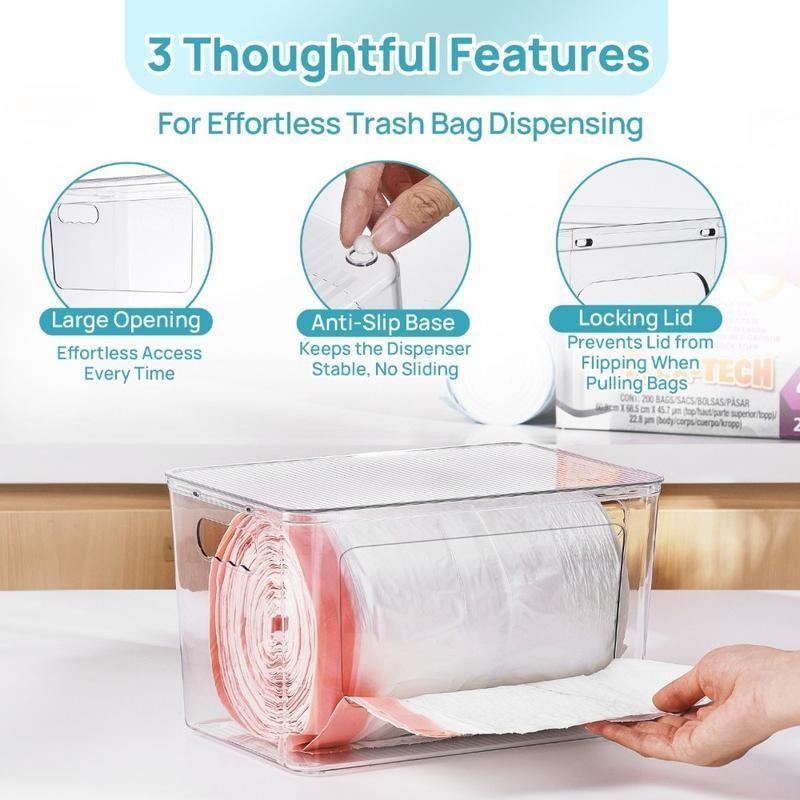 Transparent Storage Box, Stackable Trash Bag Dispenser, Plastic Trash Bag Rack for Kitchen Sink & Laundry Room, Multifunctional Storage Bin