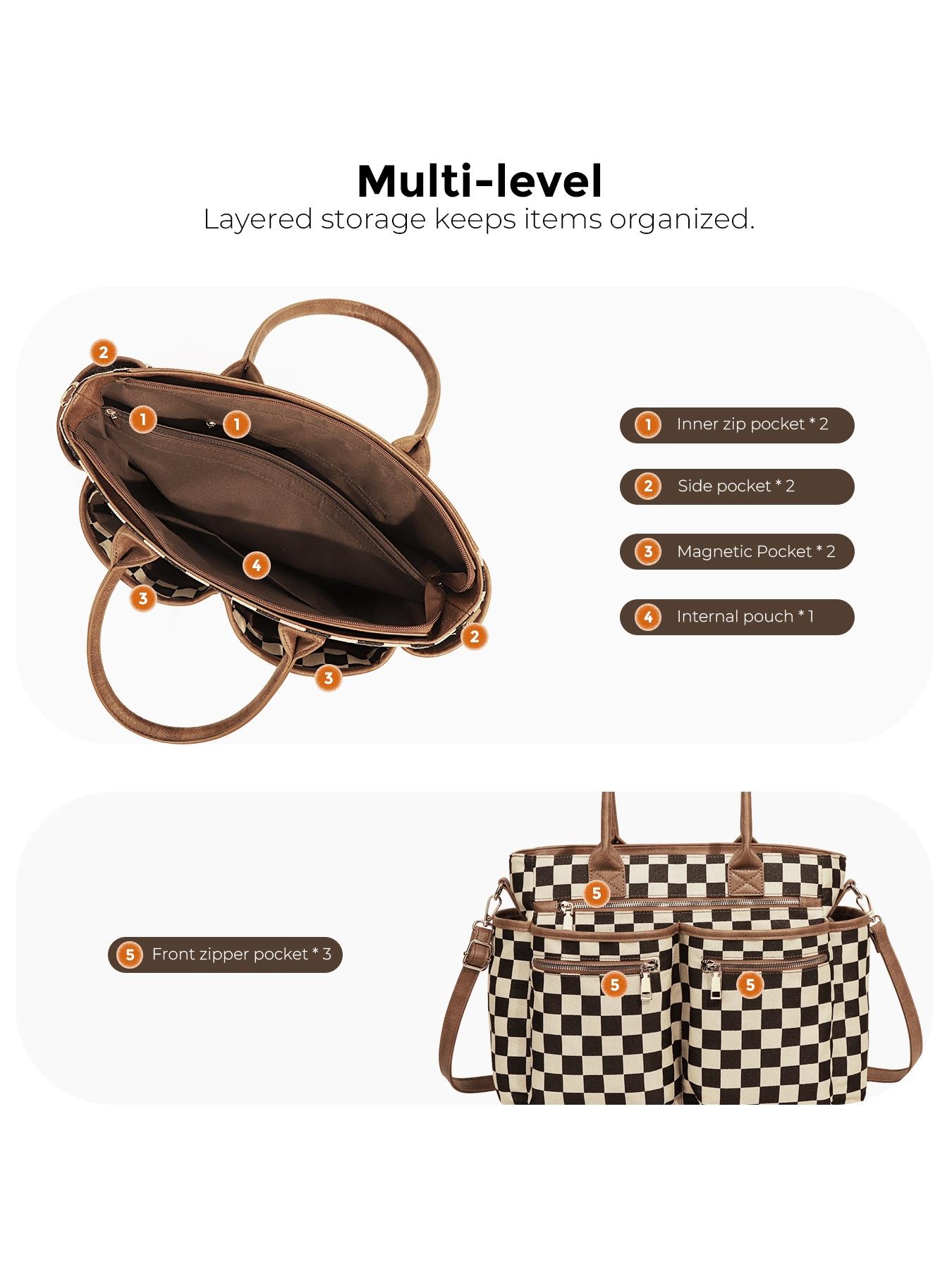 Women's Checkerboard Pattern Zipper Crossbody Tote Bag, Large Capacity Multi-Pocket Design Portable Shoulder Bag For Daily Used, Girl Fashionable Shopping Bag