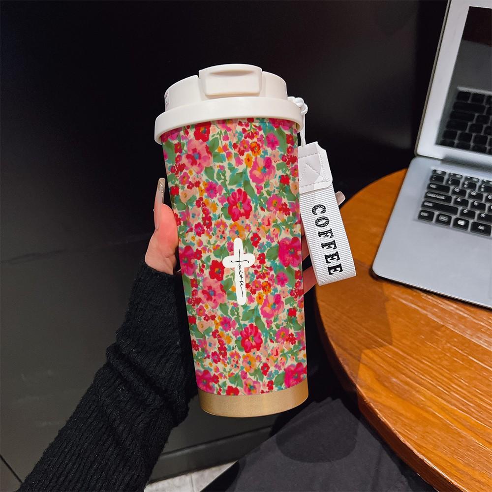Abstract Cross Texture Coffee Cup, Portable Insulated Tumbler, Keeps Drinks Hot/cold, Boho Style, Ideal for Office, Travel, Sports