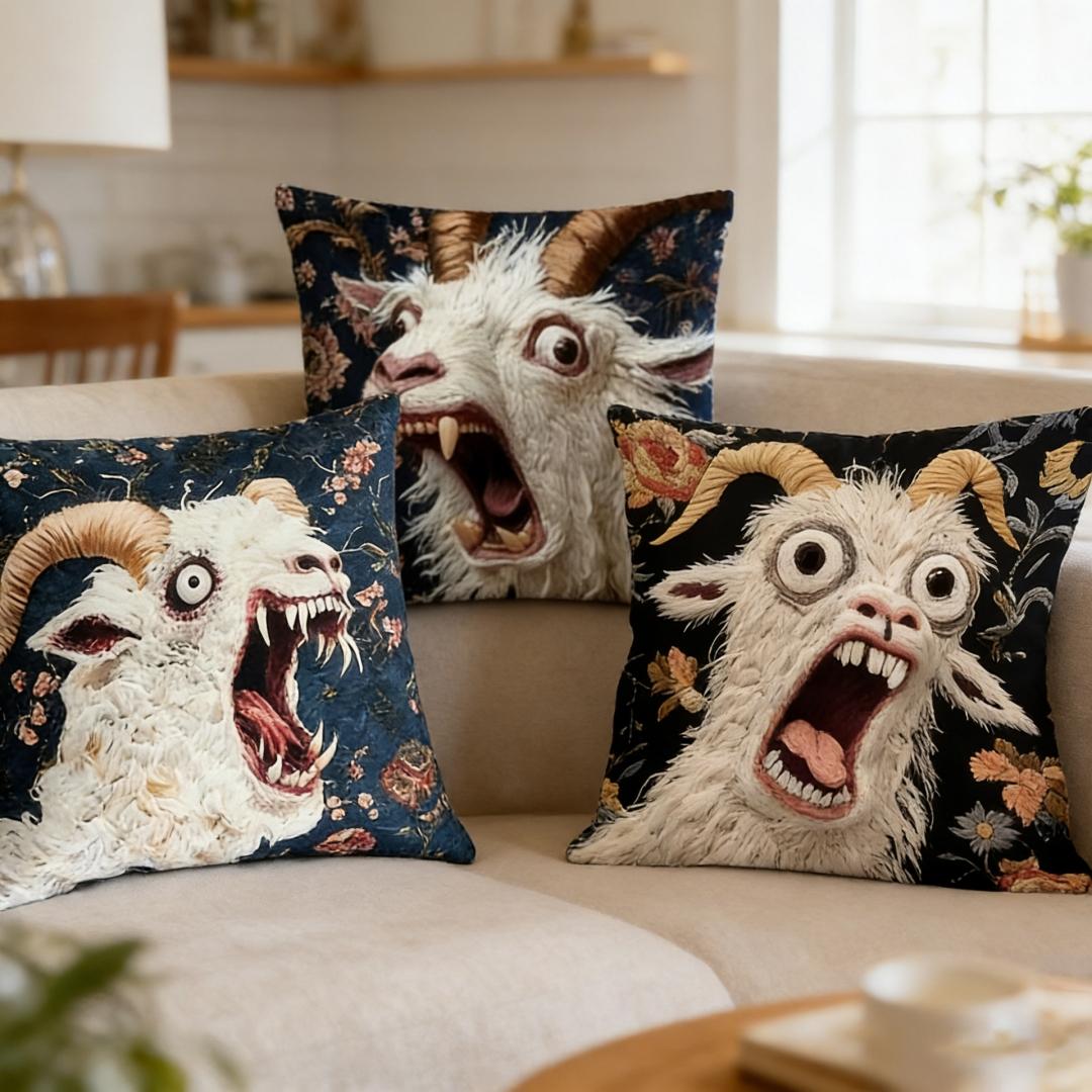 Funny Screaming Goat Embroidered Throw Pillow, Vintage Floral Black Background Decorative Cushion, Viral TikTok Home Decor, Cute Animal Pillow for Couch, Bed, Office Chair