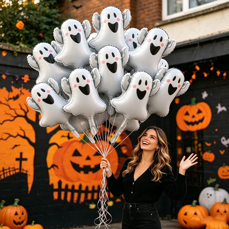10Pcs Mini White Cute Ghost Balloons, Spooky Pumpkin Balloons, Halloween Decorations, Day of the Dead Decorations, New Year's Holiday Decorations, Balloon Party Supplies