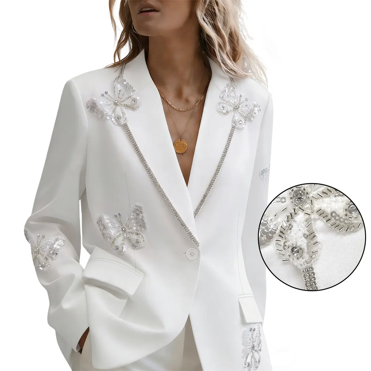 Women White Blazer Rhinestone Butterfly Sequin Embroidered Jacket Long Sleeve Lapel One Button Business Office Suit Coat Elegant Formal Party Wedding Guest Outerwear Luxury Fashion Dressy Casual Outfit For Ladies