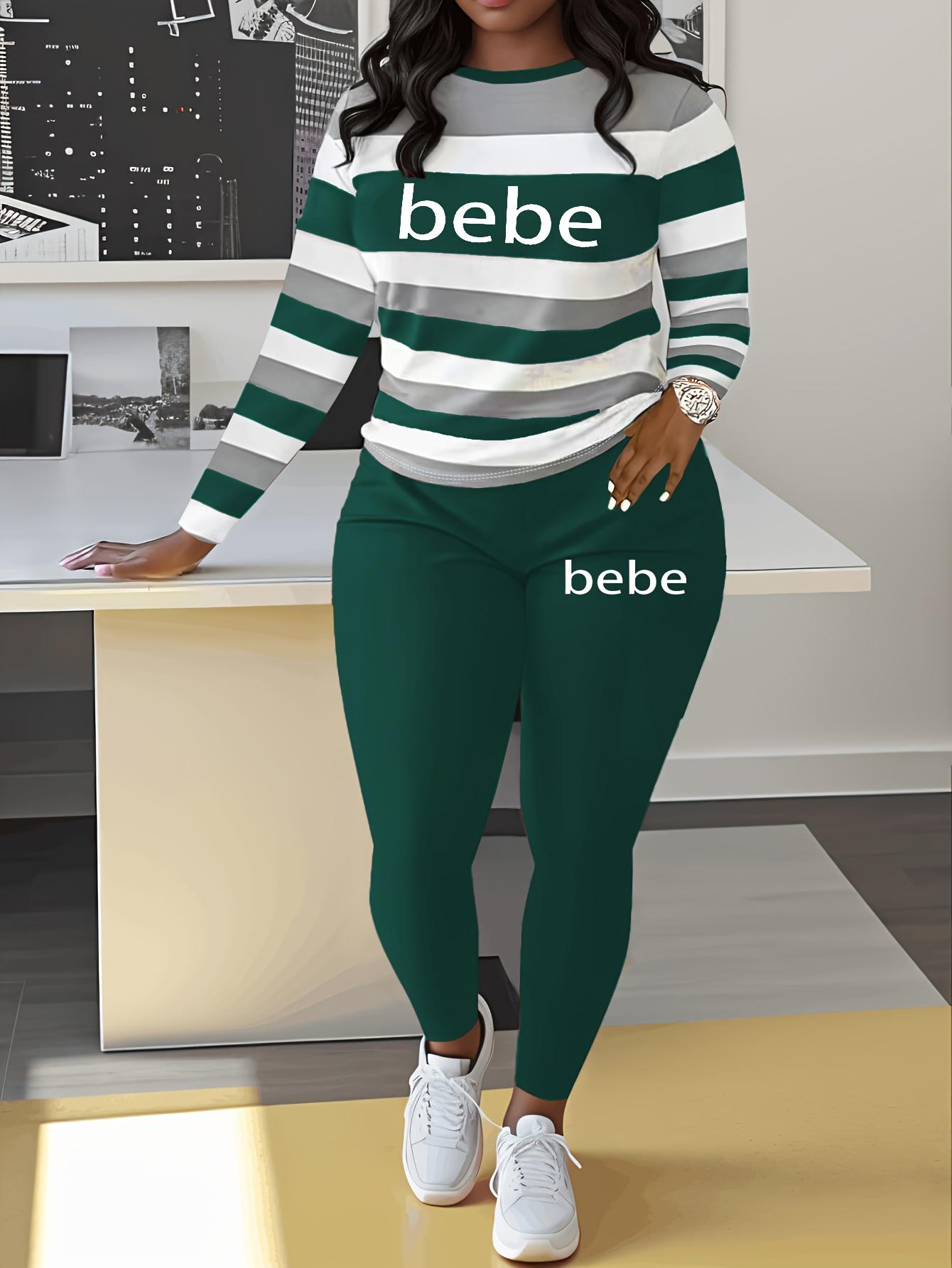 Women's Striped 'Bebe' Letter Print Round Neck Long Sleeve Top and Pants Set, Comfortable Casual Two-Piece Striped Lounge Set, Casual Fashion Set for Autumn and Winter