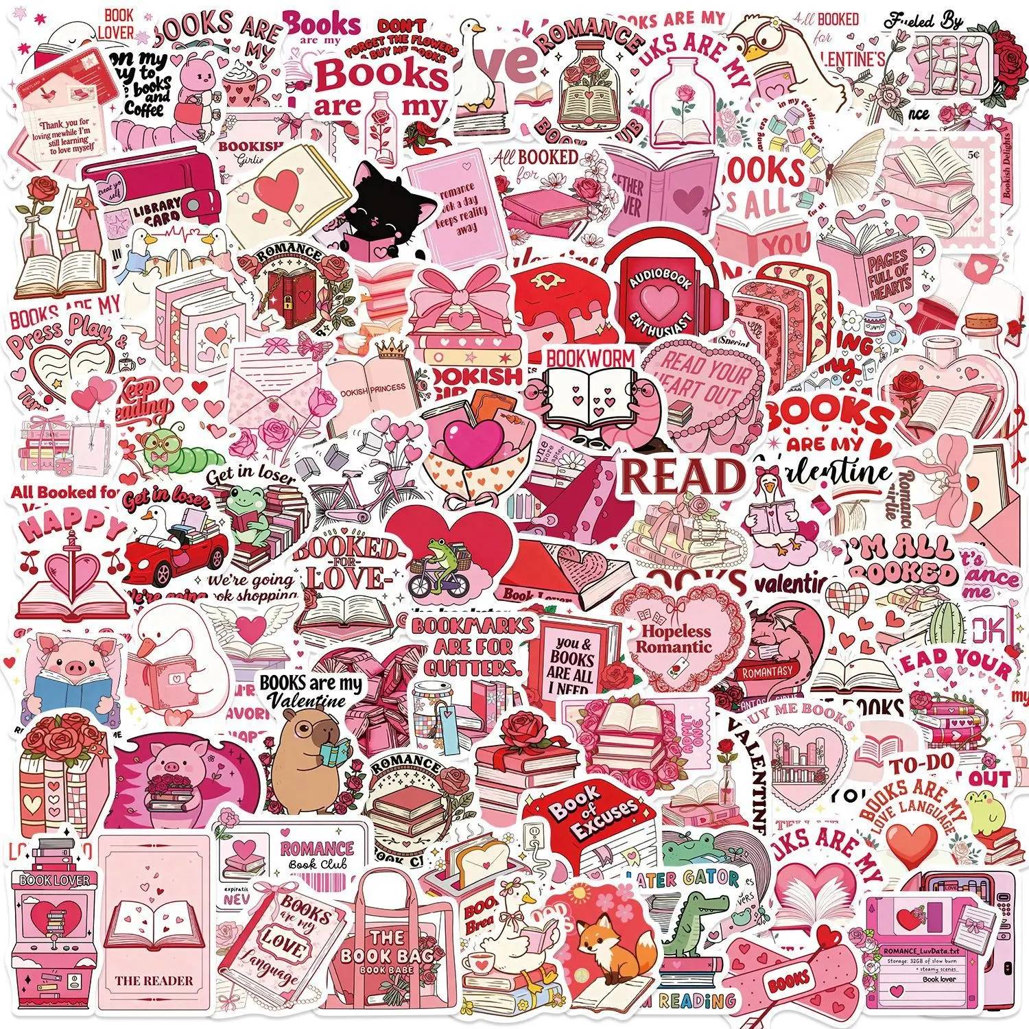 100 Valentine's Bookish Stickers, Waterproof Phone Case Decals, Skateboard Decorative Stickers, Printed Design