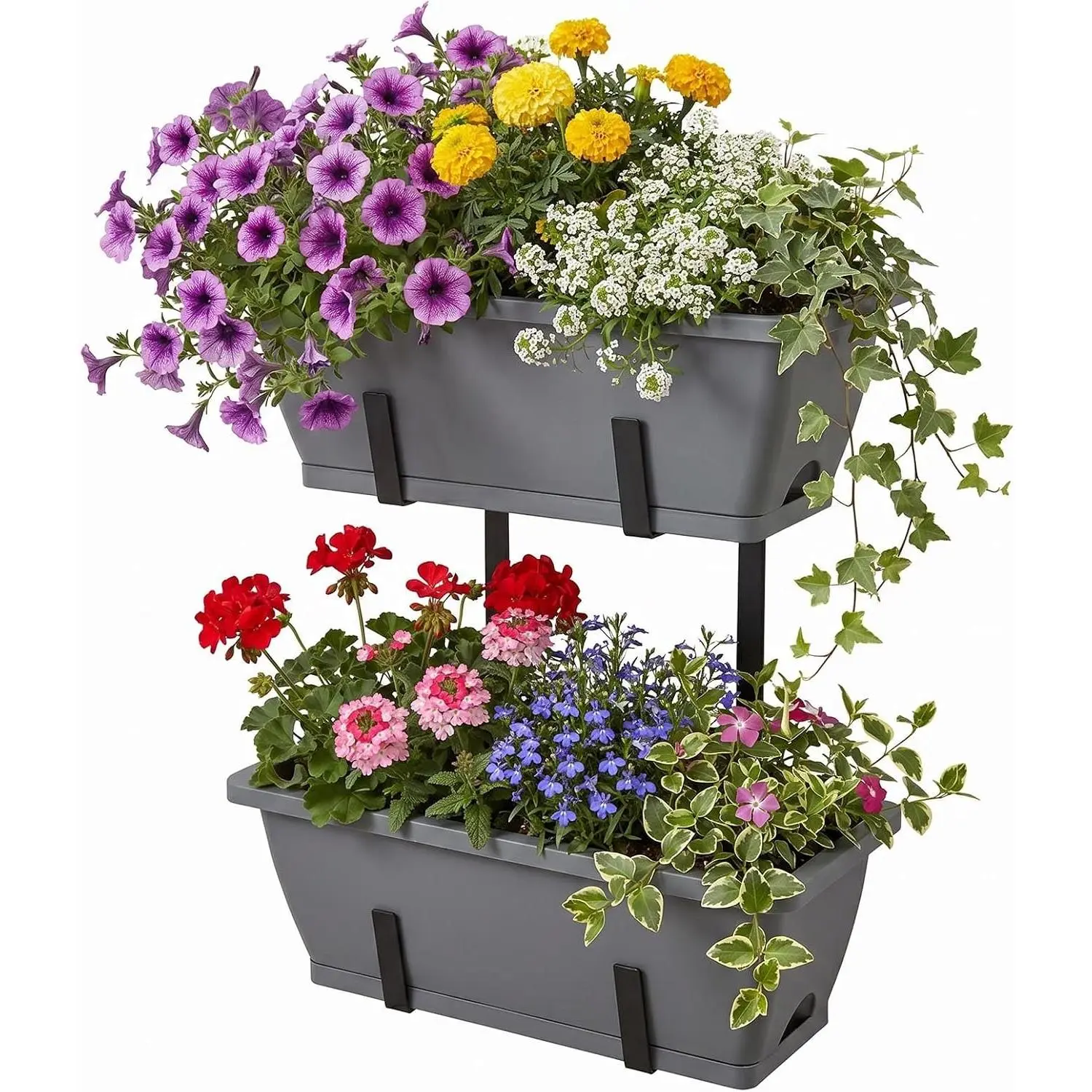 2 Tier Deck Railing Planter Boxes, Adjustable Hanging Railing Planter, Outdoor Railing Flower Boxes, Window Flower Boxes for Deck Railings, Gray