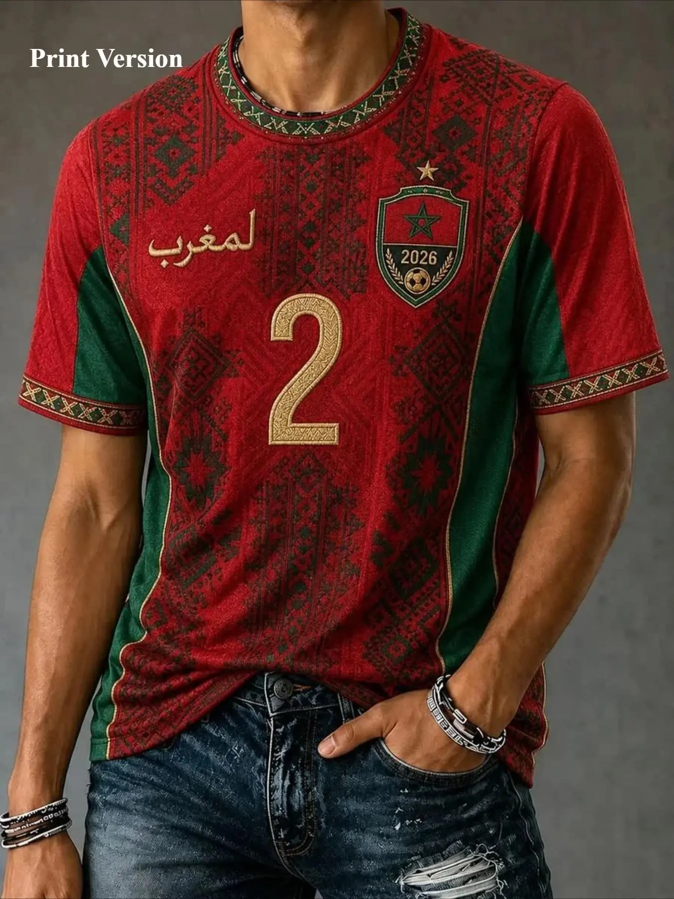 2026 Morocco Football Fan Men's 3D Print T-Shirt, Football Tee, Fan Sportswear Top, Vintage Ethnic Design, Short Sleeve Round Neck, Breathable Summer Top, Unisex, Sports Clothing
