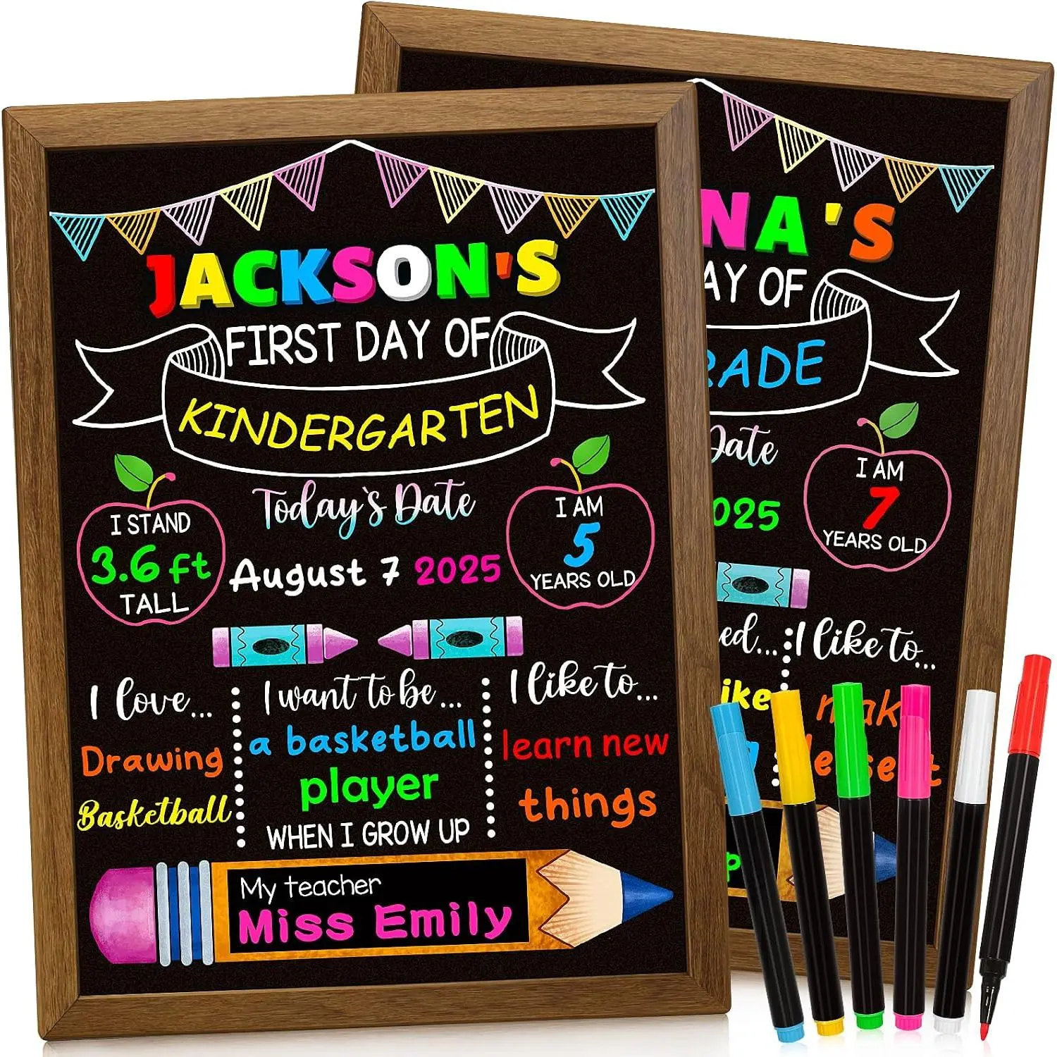 Double-Sided First & Last Day of School Chalkboard Sign, 14x12in Chalk Writing Board, 6 Colorful Markers Included, Elementary Kids Photo Prop (School & Educational Supplies)