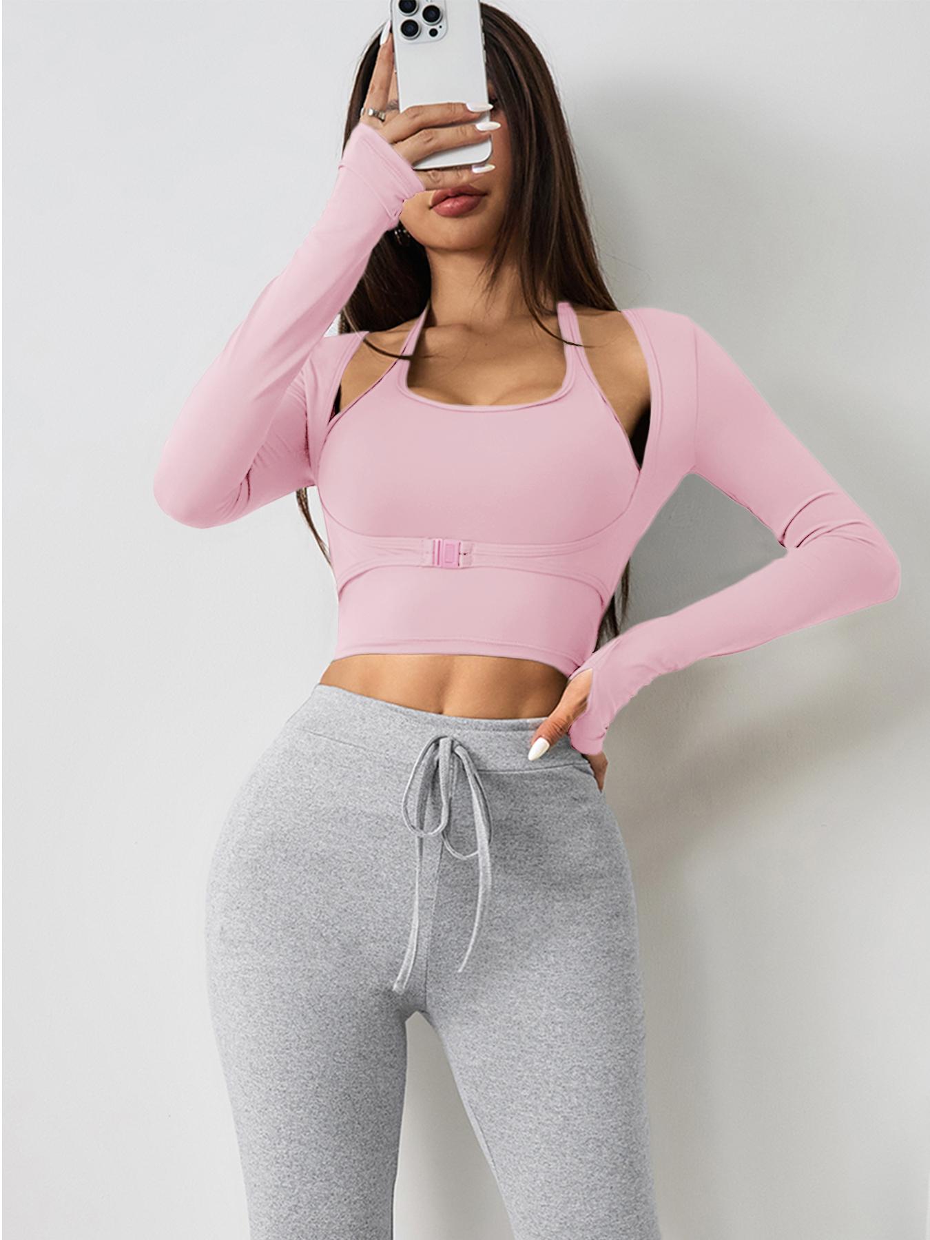 Women's Solid Color Long Sleeve Thumb Hole Design Halter Neck 2 in 1 Sports Tee Gym Yoga Tops for Yoga Gym Workout, Ladies Sportswear for All Seasons