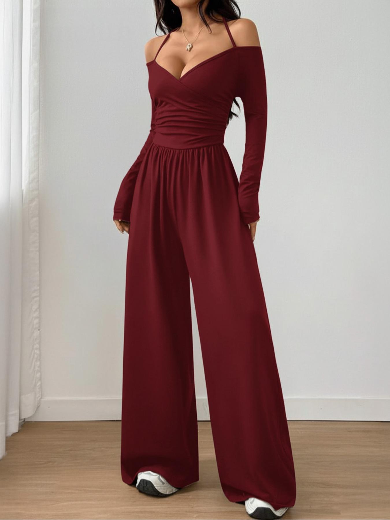 Women's Casual Solid Color Ruched Wide Leg Jumpsuit with Halter-Neck, Stylish and Comfortable Jumpsuit for Daily Wear