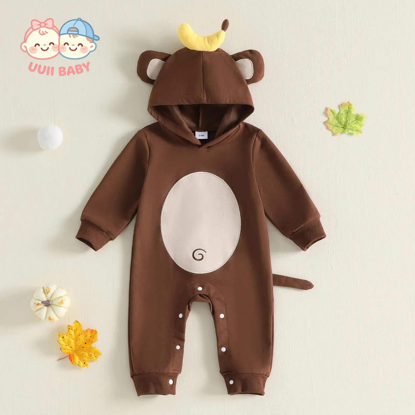 Baby Boy Monkey Costume: Hooded onesie featuring monkey ears, a banana pattern, and an attached tail; a cute animal-style Halloween outfit for newborns and infants.
