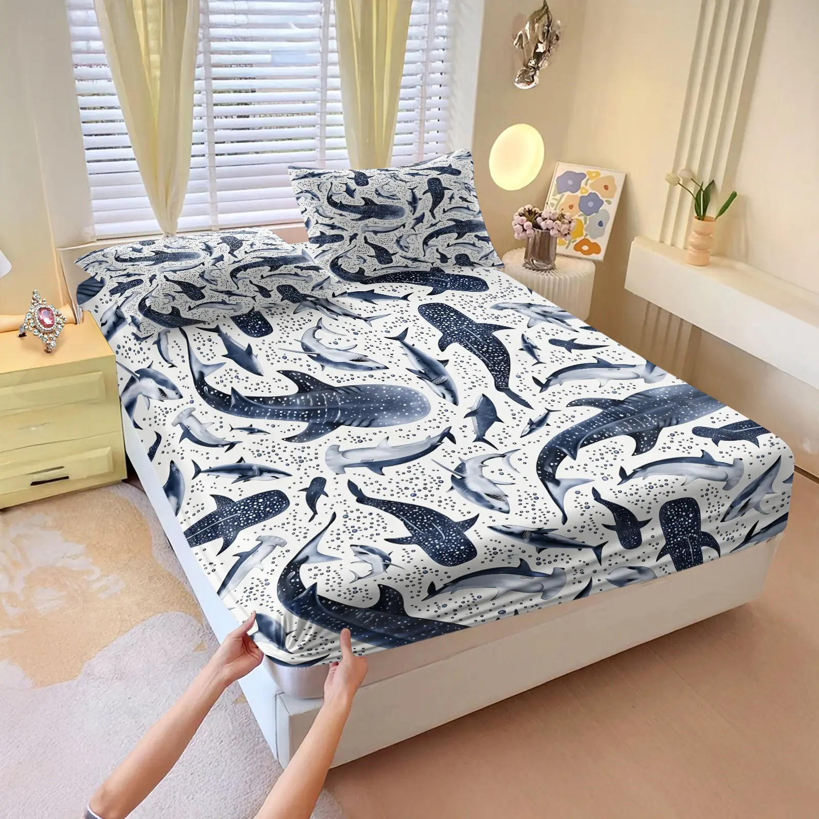 3Pcs Fitted Sheet Set, 1 Fitted Sheet +2 Pillowcases, No Filling, Blue Ocean Shark Whale Shark Print, 360° Elastic Deep Pocket, Soft Breathable Microfiber, Machine Washable, Marine Sea Animal Bedroom Decor, Ideal Gift Choice