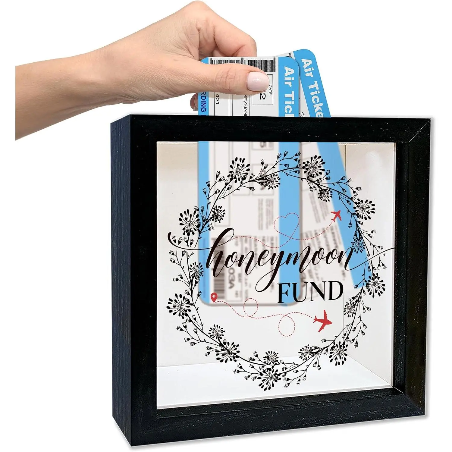 Honeymoon Fund Box, Wedding Money Box with Slot, Wooden Wildflowers Honey Moon Fund Shadow Boxes, Honeymoon Gifts for Newlyweds, Floral Travel Memory Frame for Wedding Reception Bridal Shower -A05