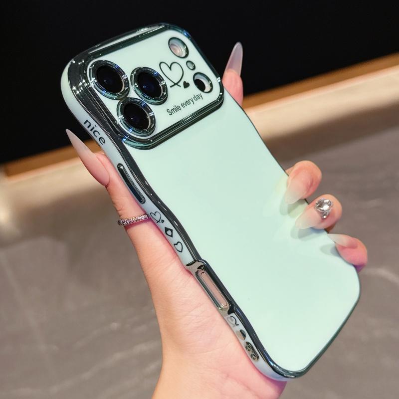 for iPhone 17 Pro Max 16 15 14 13 12 Case for Women Girls, Cute Wave Frame Curly Shape with Love Heart Pattern Raised Camera Protection Cover Luxury Plating Shockproof Phone Case for iPhone 17 Pro Max 16 15 14 13 12 Case for Women Girls, Cute Wave Frame Curly Shape with Love Heart Pattern Raised Camera Protection Cover Luxury Plating Shockproof Phone Case