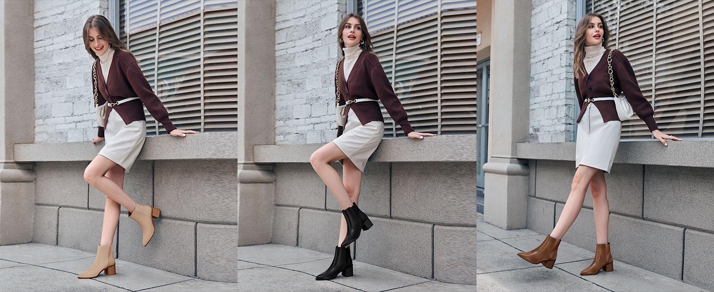 Coutgo Womens Pointed Toe Ankle Boots Elastic Chunky Block Stacked Mid Heel Slip On Chelsea Booties