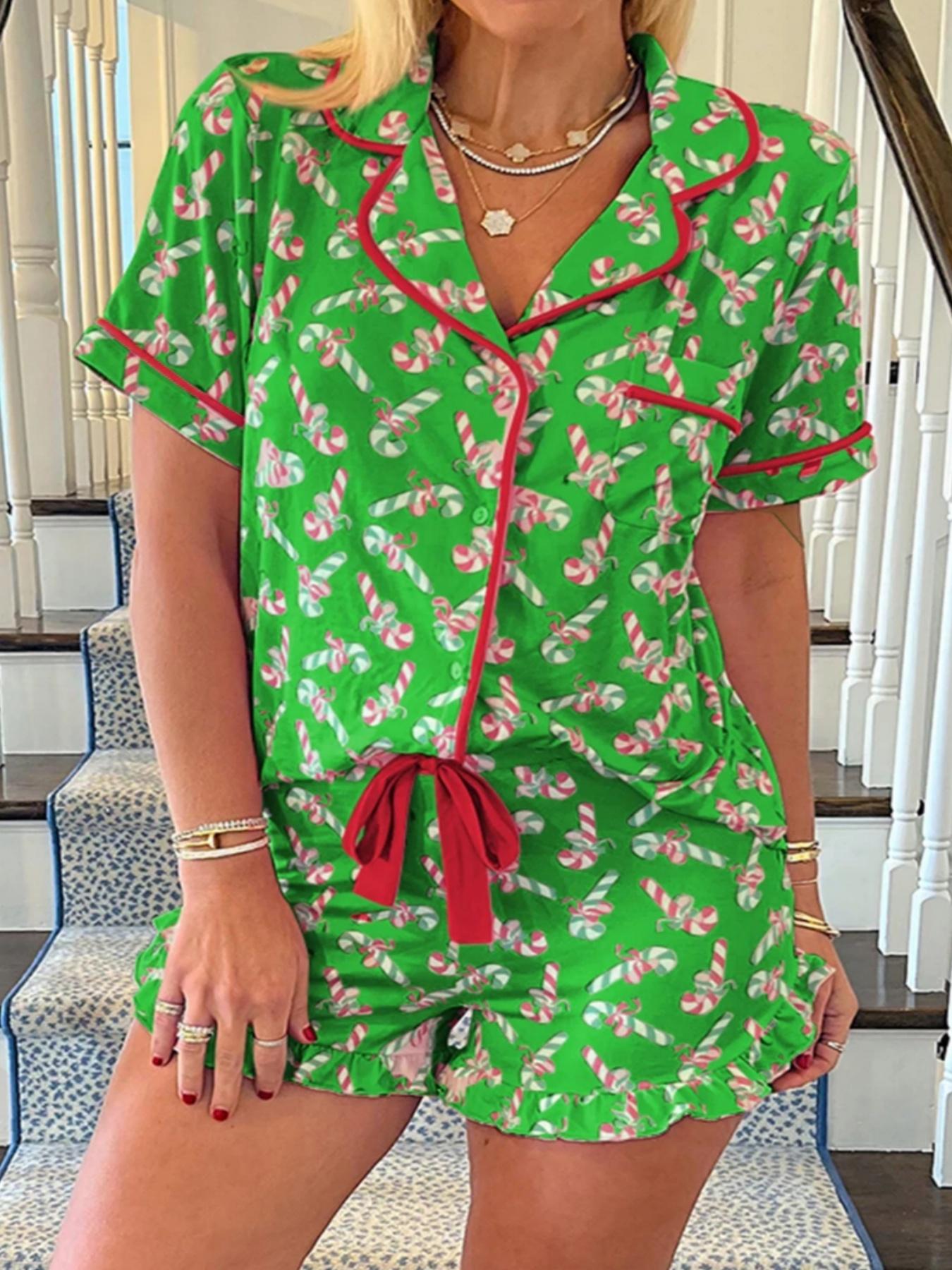 2 pieces of ladies' Christmas cane candy printed short sleeved shorts sleepwear set with buttons, collars, bows, suitable for comfortable and casual home wear in all seasons Pajama Set