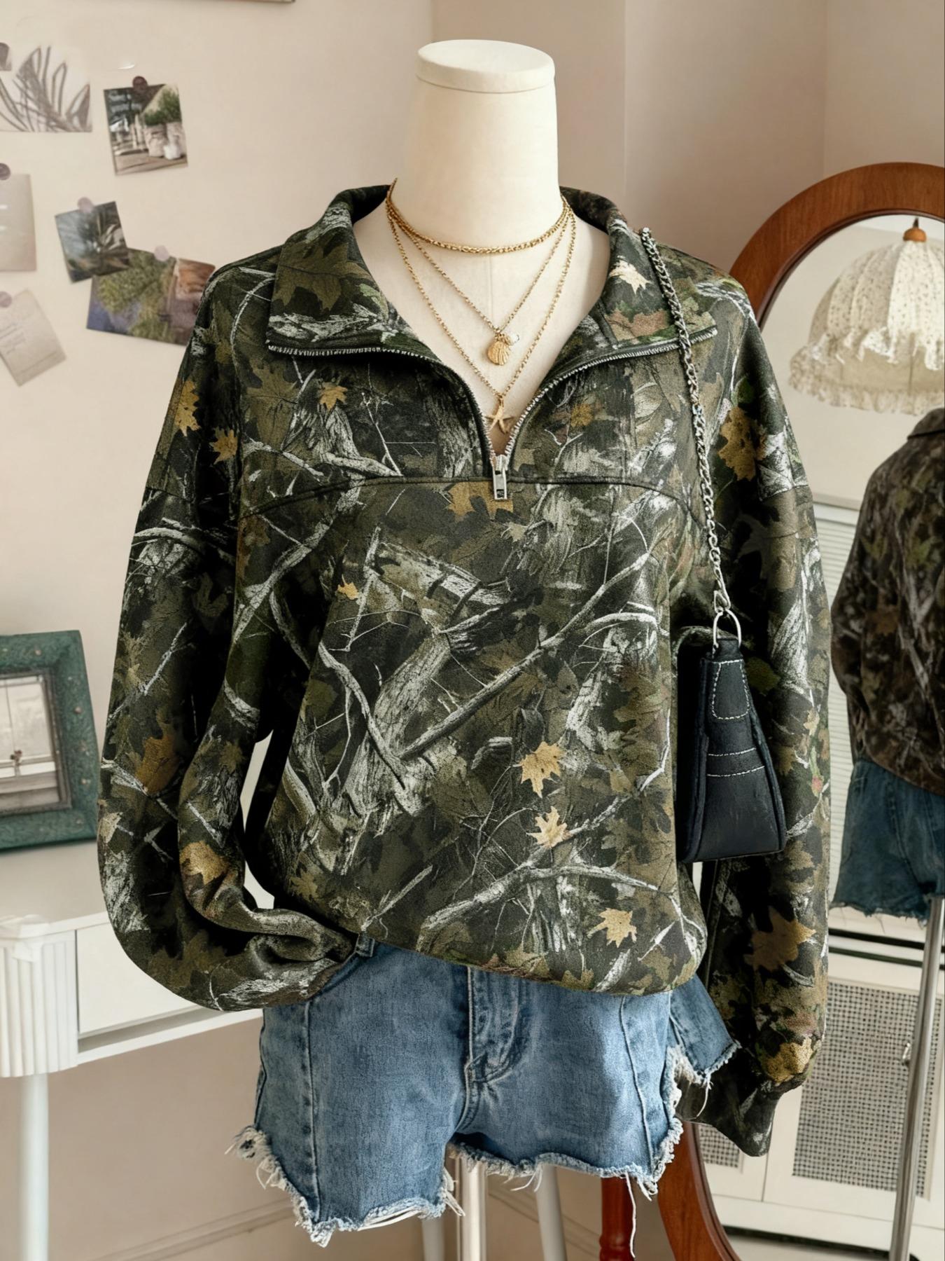Women's Fashion Camo Zipper Half High Neck Sweater, Loose Fit Long Sleeve Casual Top, Comfortable All over Print Fall & Winter