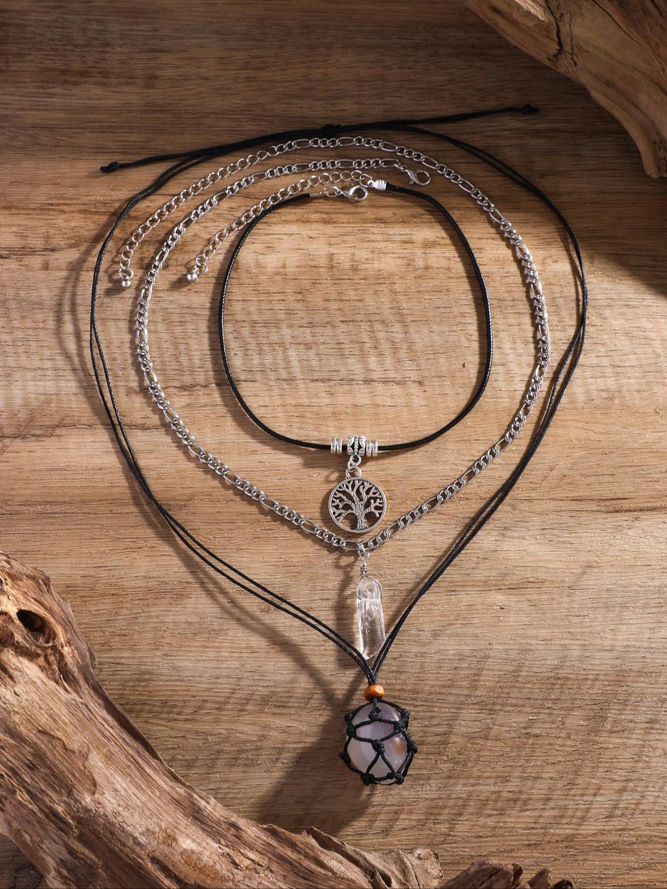 Women's Boho Style Vintage Style Artificial Crystal Decor Pendant Necklace, 3pcs Exquisite Trendy Pendant Necklace, Fashionable Jewelry for Women As Gift Without Box, Boho Chic Crystal