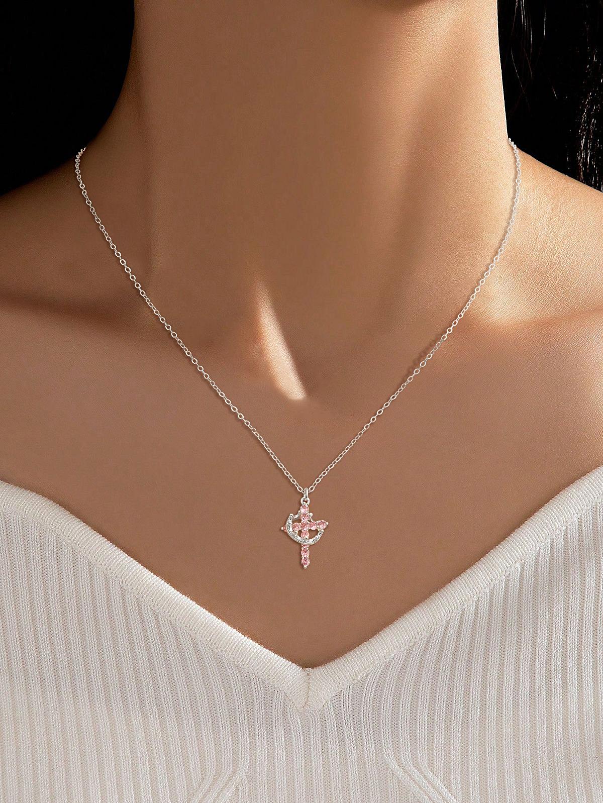Tewiky Colorful Simple Crown & Cross Zircon Pendant Choker Silver Necklace For Women & Men & Girls Pretty Necklace For Daily Party Clothing Decor Trendy All-match & Exquisite Jewelry For Easter Trending  jewellery For Outdoorfun For Easter gifts