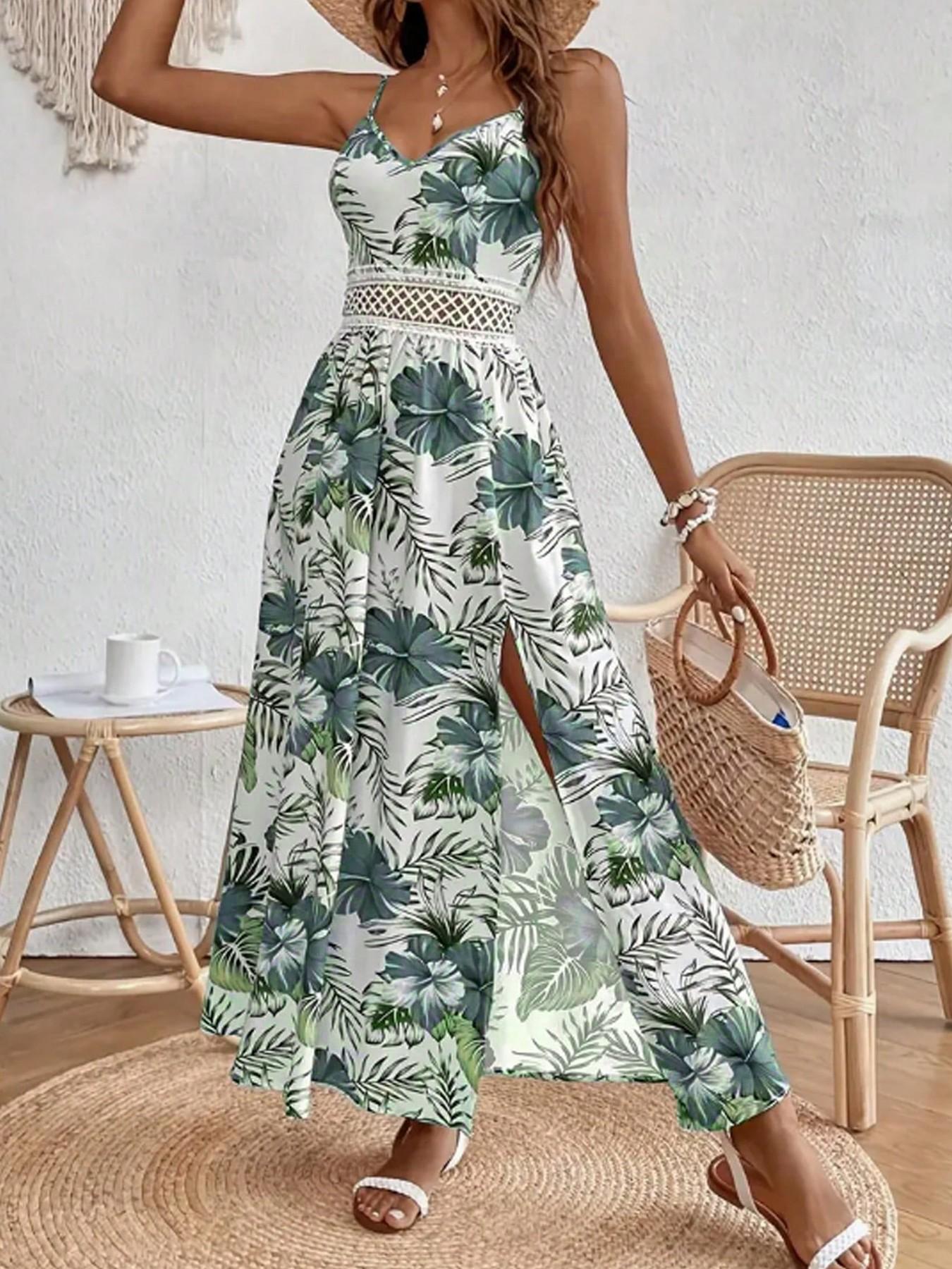 Women's Summer Holiday V-Neck Sleeveless Tropical Print Bohemian Maxi Dress with High Side Slit Women's Summer Holiday V-Neck Sleeveless Tropical Print Bohemian Maxi Dress with High Side Slit