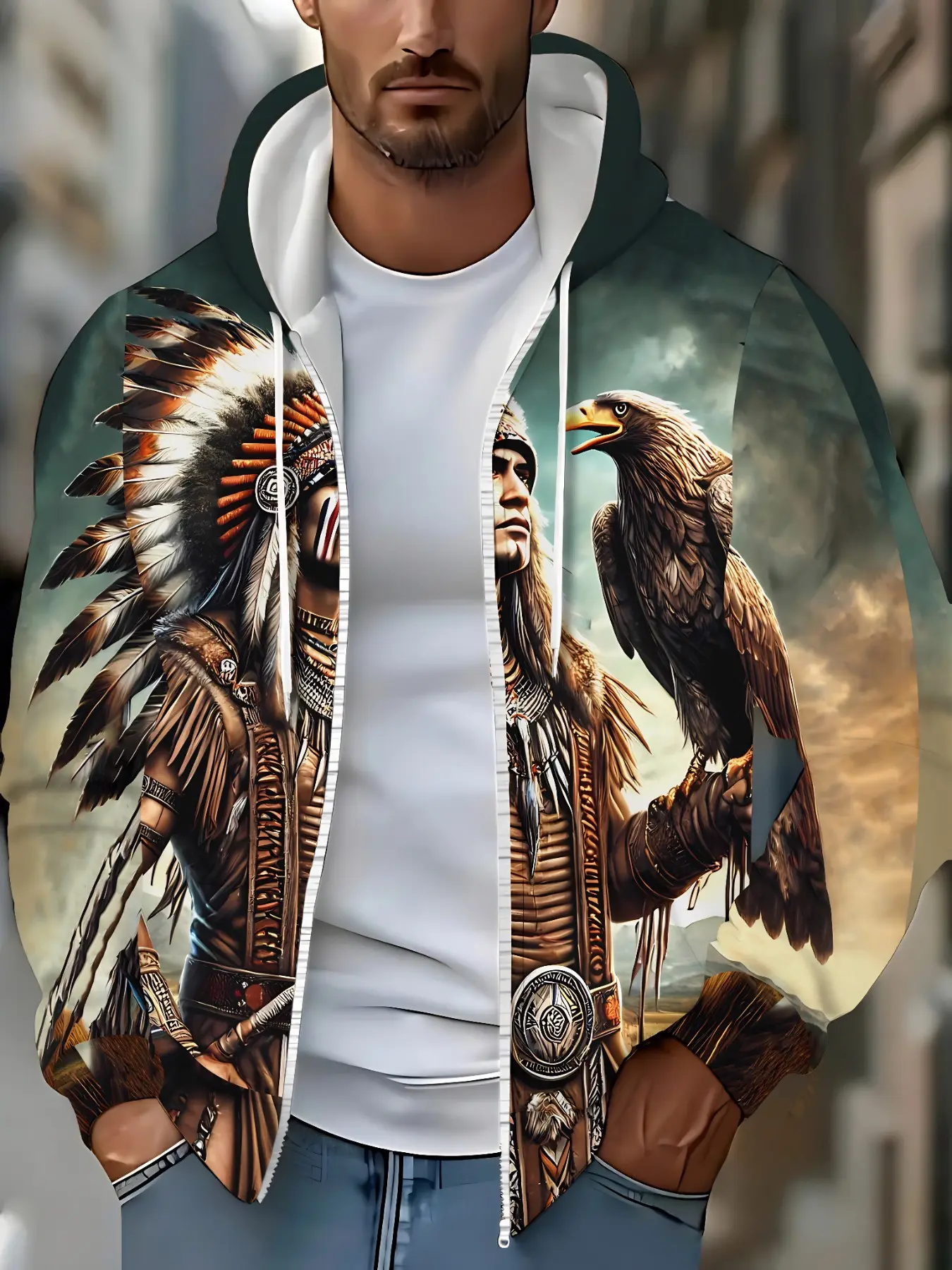 Men Native American Indian Eagle All Over Print Zip Hoodie, Vintage Tribal Graphic Hooded Jacket