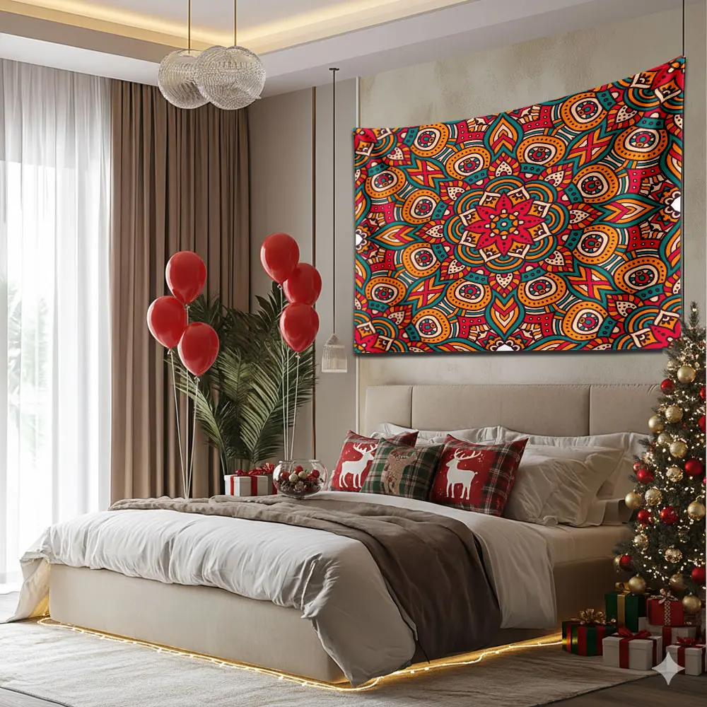 Indian Ethnic Tapestry, Red Mandala Wall Art for Living Room, Festive Backdrop