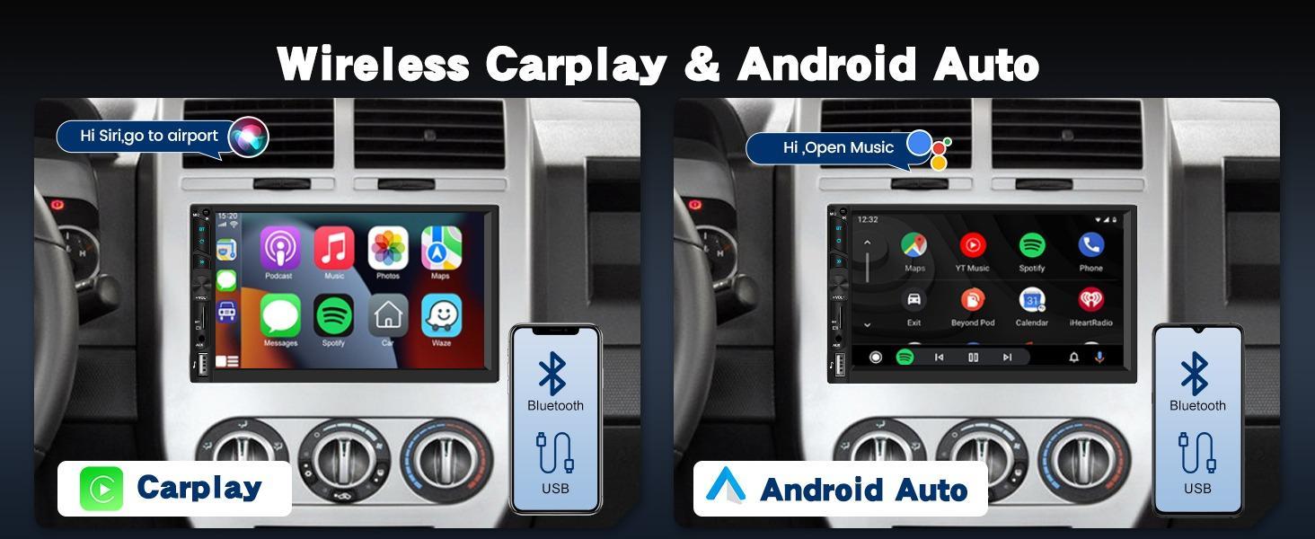 7-inch IPS Touch Screen Double Din Wireless CarPlay Android Auto Car Video Player - Auto Radio with YouTube Playback, WiFi GPS, FM, Hands-Free BT, MirrorLink, Backup Camera, EQ, USB, Auxiliary Input, SWC, MIC, Car Accessories, Father's Day Gift