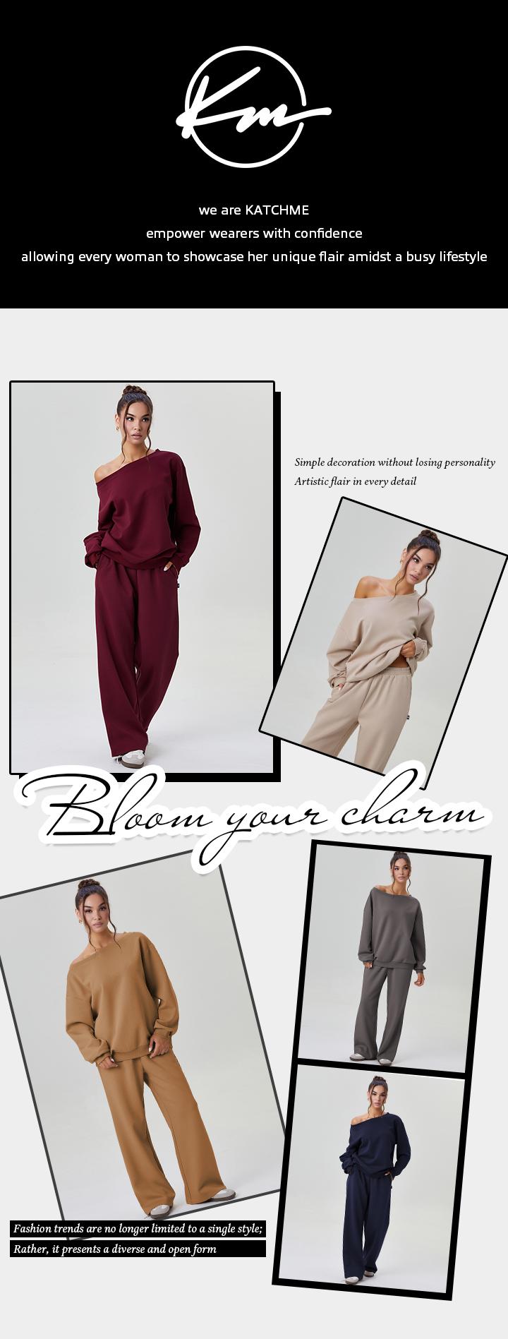 KatchMe Women's Leisure Solid Color Sloping Shoulder Long Sleeve Top & Wide Leg Trousers Co-ord Set & Separates, Minimalist Scoop Neck Loose Outfits, Casual Womenswear(US) KatchMe Women's Leisure Solid Color Sloping Shoulder Long Sleeve Top & Wide Leg Trousers Co-ord Set & Separates, Minimalist Scoop Neck Loose Outfits, Casual Womenswear(US)