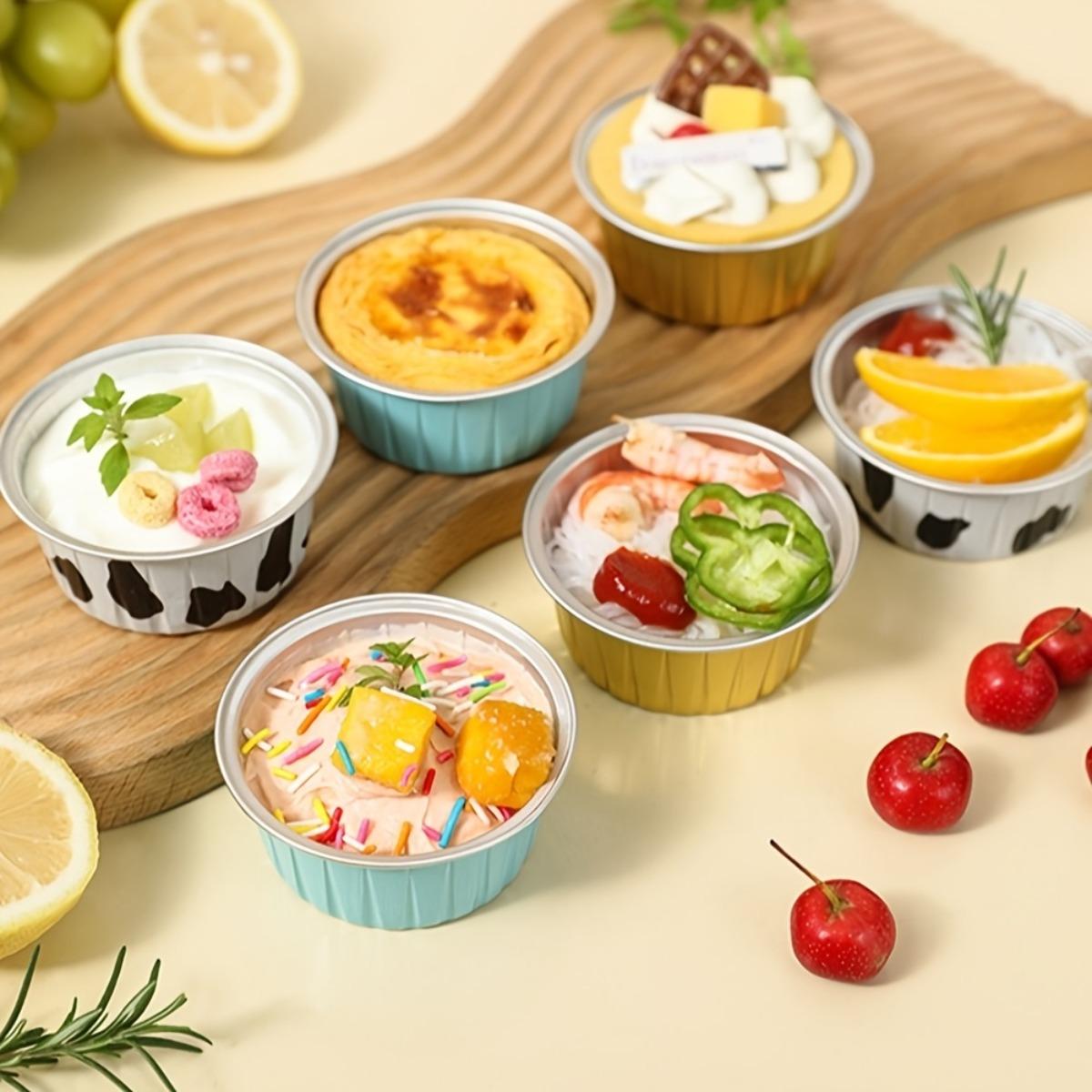 100PCS Disposable Foil Dessert Cup Set, Includes 50 Cups + 50 Lids, Perfect for Muffins, Creme Brulee, Pudding, Cheesecake, Cream Cups and Bakery Packaging, Kitchen Baking Supplies, Pink and Milk Color Optional