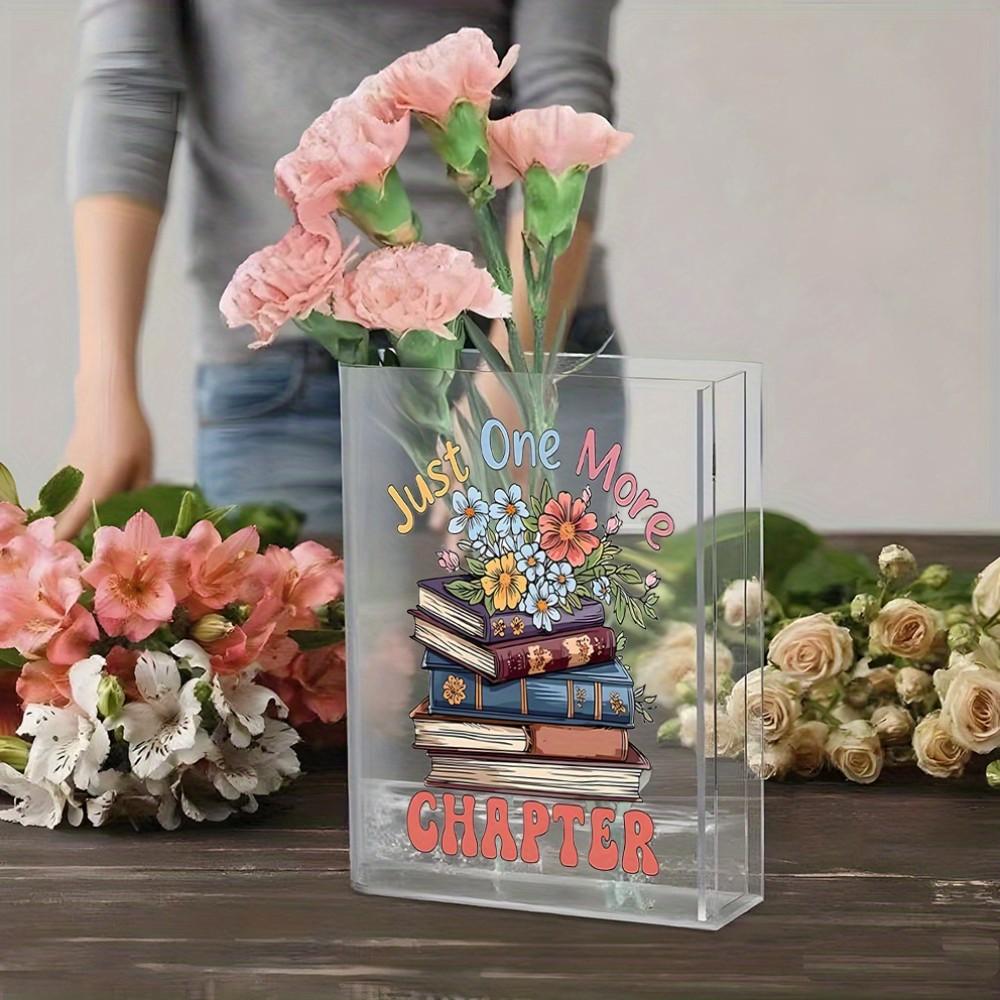 Acrylic Book-Shaped Vase, Transparent Material, Hand-Drawn Shelf Design, Elegant Home Decor, Perfect for Teacher's Day, Birthday, Christmas
