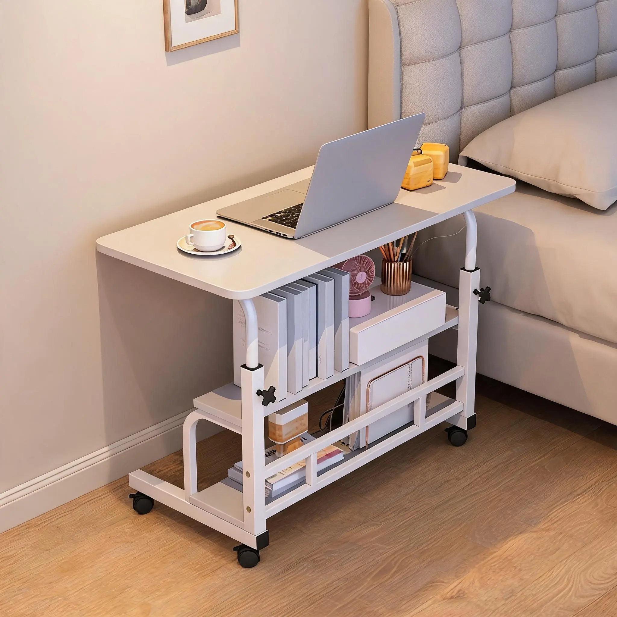 Modern Height-Adjustable Rectangular Mobile Standing Desk with Iron Tube-Metal Frame, 3 Storage Shelves, Moveable Wheels & Rolling PC Stand for Bedroom Home Office (White/Walnut Available) - Workstation for Desk Needs, Desk For Bedroom