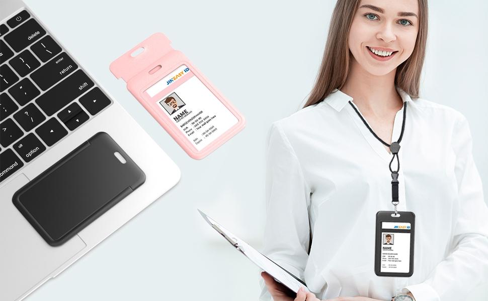 ID 2 Pack Hard Plastic ID Badge Holder Vertical Card Holder for Work Key Cards, Heavy Duty, Black