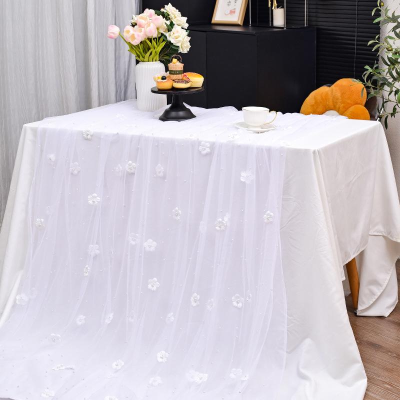 New 3D Pearl Flower Sheer Table Runner, Tulle Mesh Table Flag for Party Decor, Ideal for Seasonal Dining, Weddings, Birthdays & Bridal Showers, Perfect for Home Party Decoration