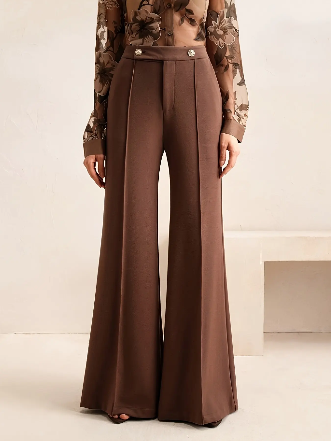 Women High Waist Metal Button Centre Seam Flared Trousers Loose Elegant Smart Casual Office Suit Pants Coffee Brown
