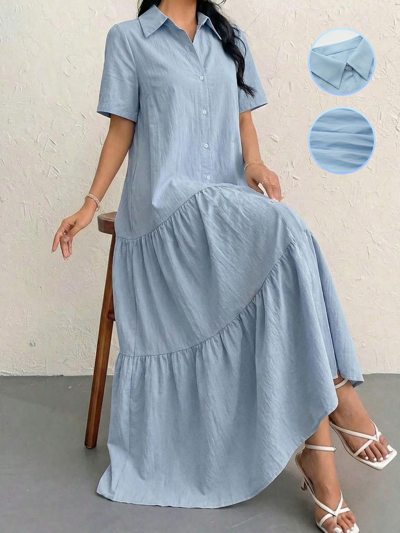 Women's Light Color Short Sleeve Shirt Dress, Single Button Ruffle Split Design, Elegant Summer School Dress, Perfect for Students and Meetings