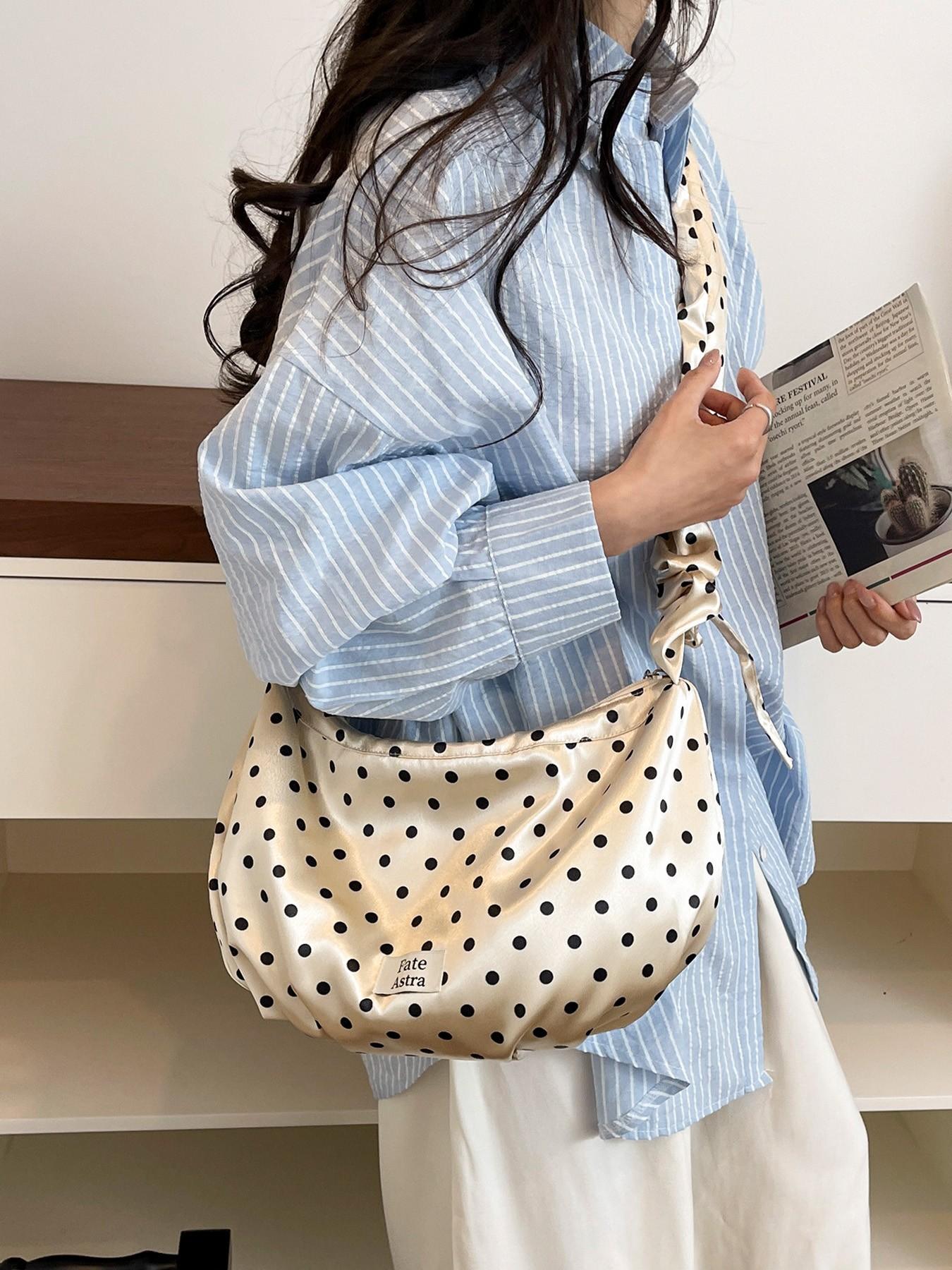 1pc Ladies' cute polka dot shoulder bag, pleated elastic shoulder strap design, aesthetic retro cloud bag with "Fate Astra" label, sweet casual daily perfect for spring and summer wear