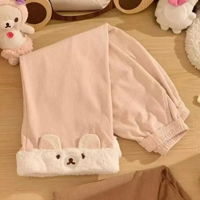 Chic Sweet Lolita Girls Pants Kawaii Bear Cuff Sweatpants Japan Cartoon Print Elastic Waist Drawstring Joggers Students Harajuku