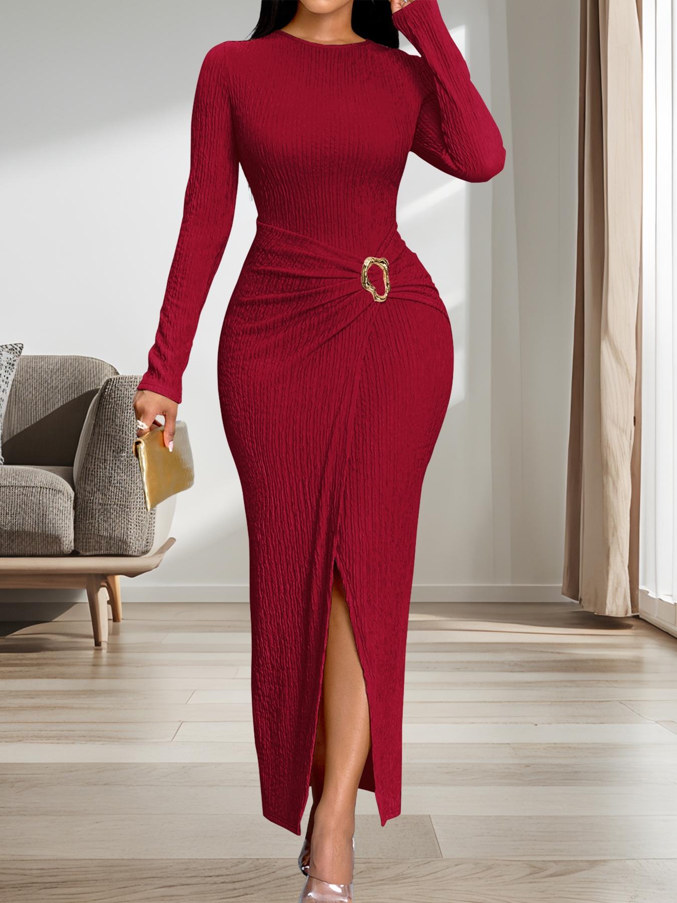 Aliling Women For Dresses Round Neck Long Sleeve Slim Fit Slit Hem Long Dresses for Lady, Solid High Waist Bodycon Slim Female Elegant Party Clothing Casual