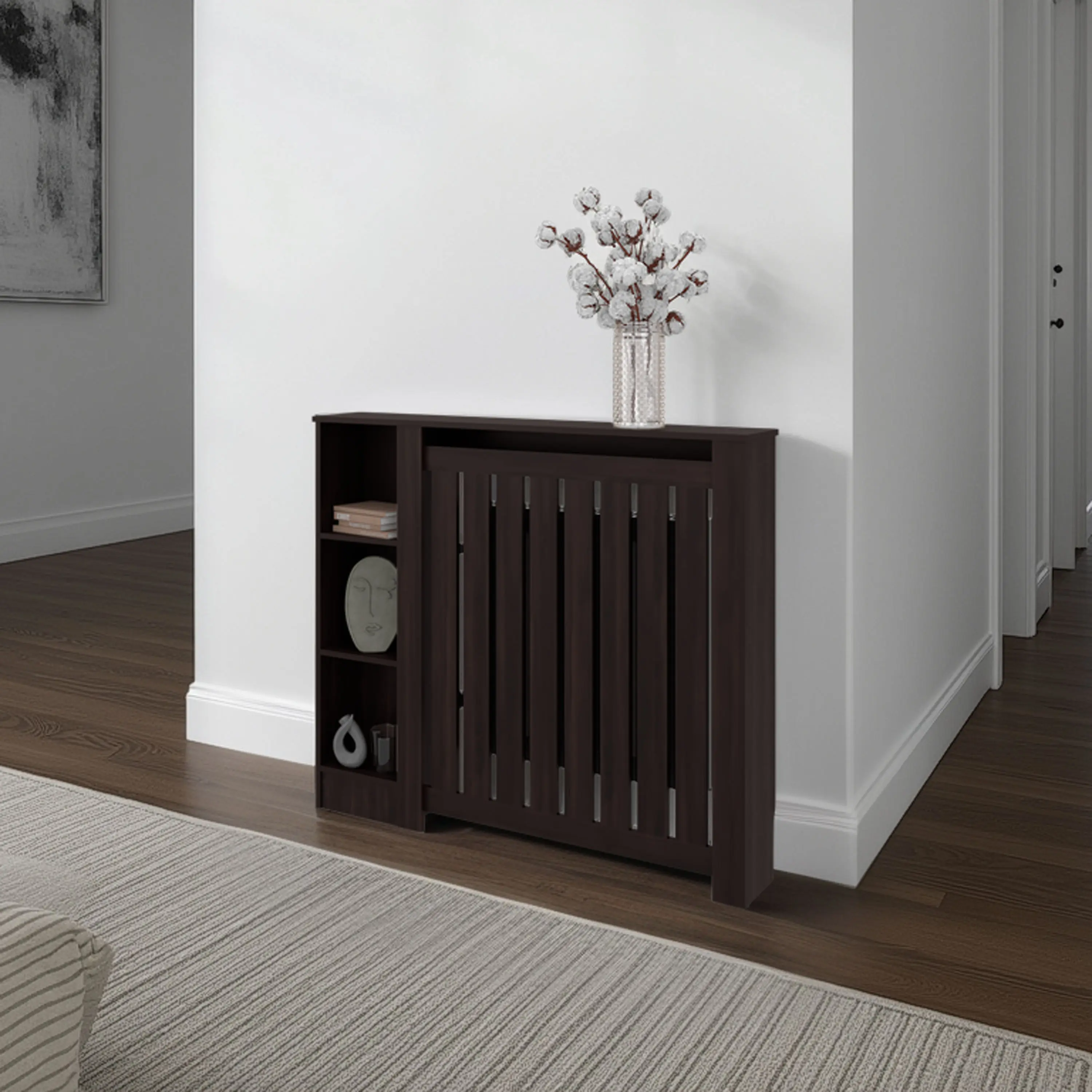 Nokaa Radiator Cover Cabinet with 3 Open Shelves, Black Wengue Finish, Engineered Wood, Slim Elevated Design for Airflow, Modern Style, Ready-to-Assemble, Multifunctional Storage for Living Room, Bedroom, Hallway, Home Office, 48.1W x 8.2D x 41.3H in