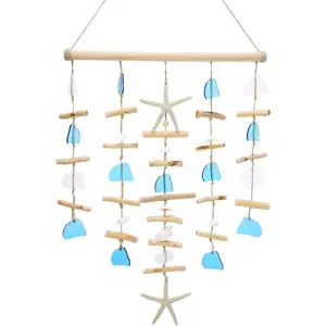 Ovveroche Wooden Driftwood Wall Decor with Starfish and Sea Shells, Coastal Ocean Themed Hanging Wall Art for Bathroom, Living Room, Bedroom or Porch, Blue Beach Home Decor